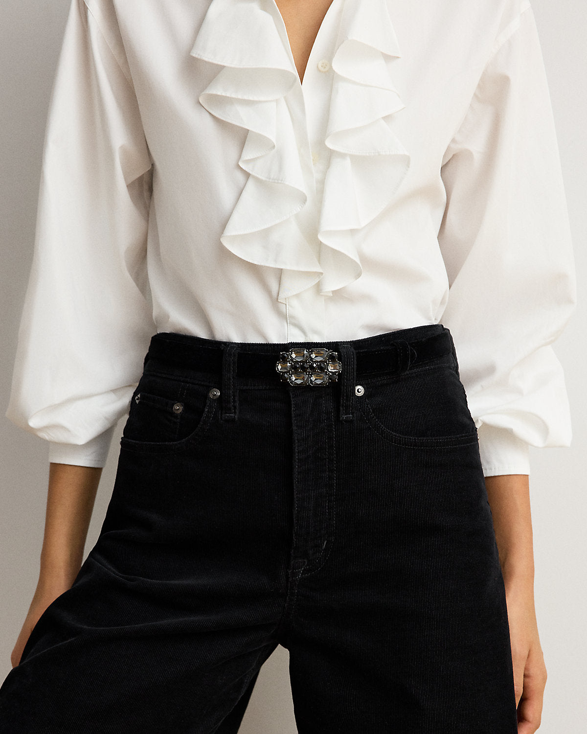 Stone-Buckle Velvet Skinny Belt