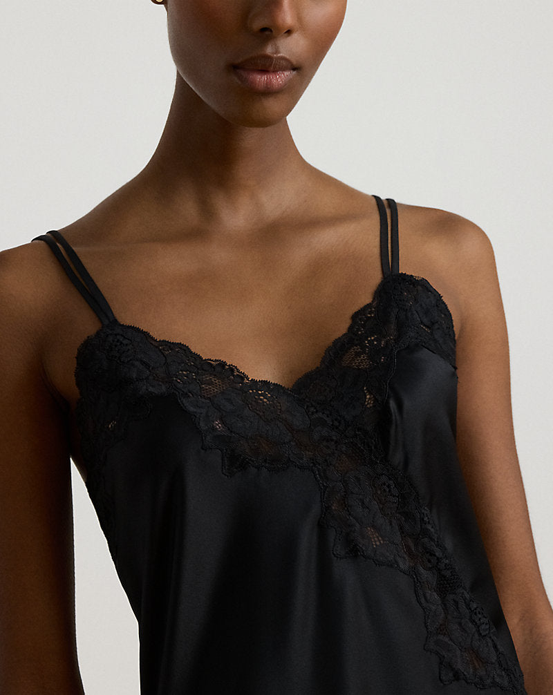 Double-Strap Lace-Trim Satin Chemise Black