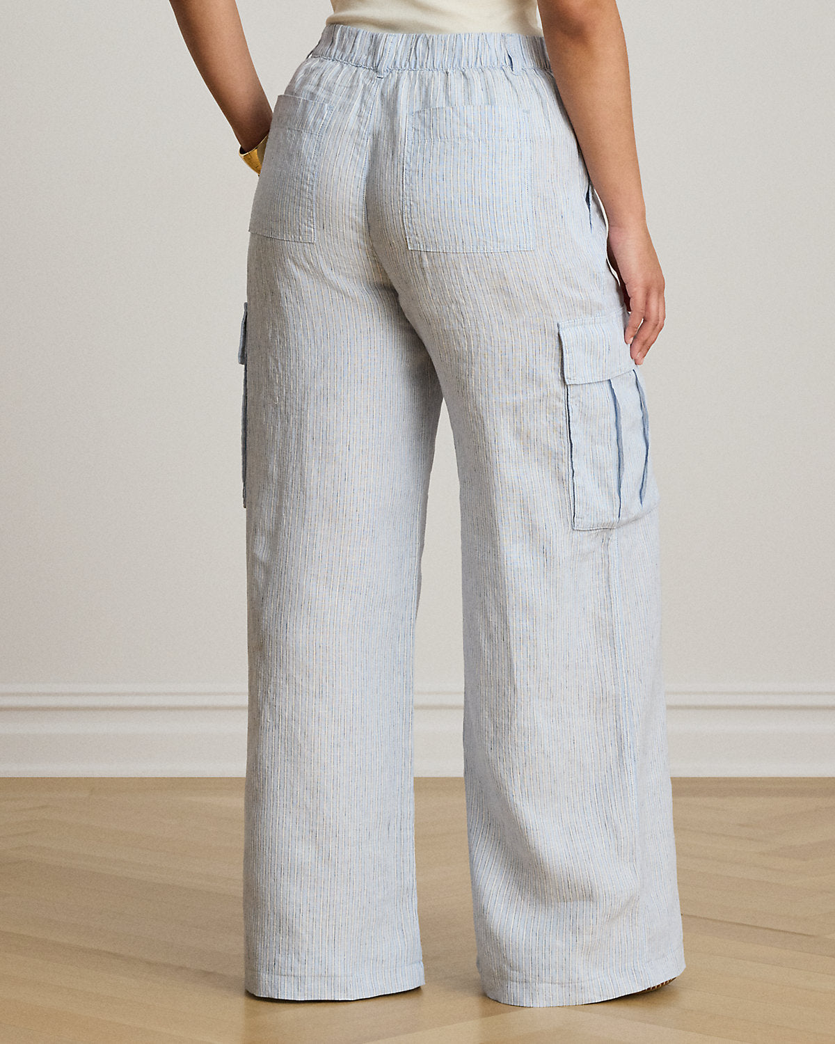 Pinstripe Linen Wide-Leg Cargo Pant