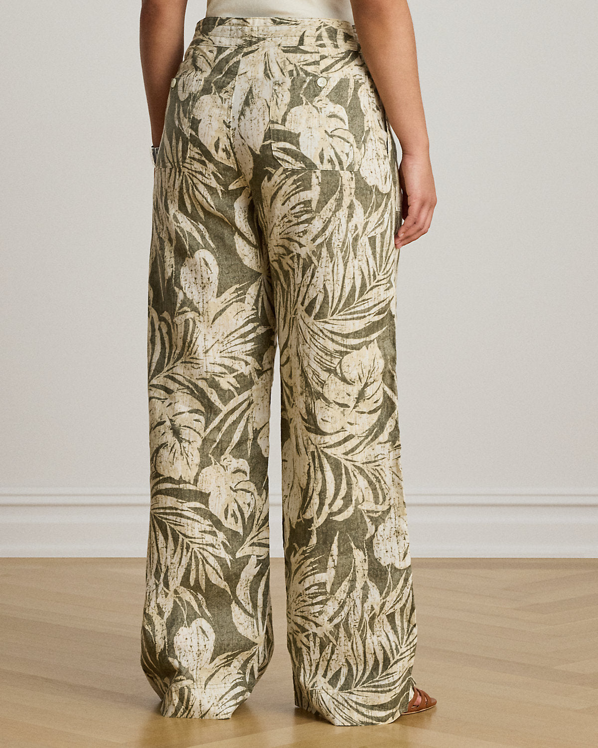 Palm-Frond-Print Linen Wide-Leg Pant