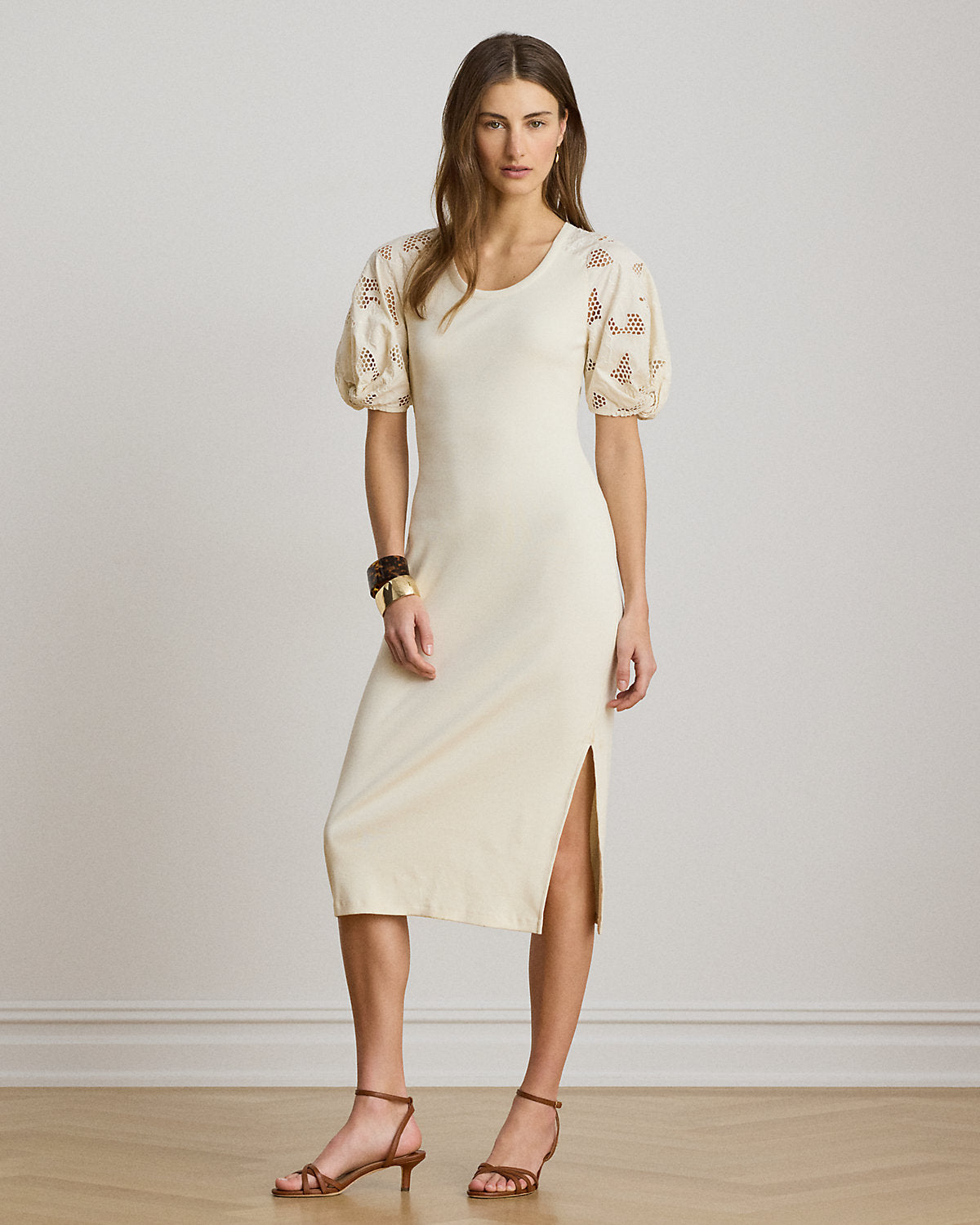 Rib-Knit Cotton Eyelet-Puff-Sleeve Dress