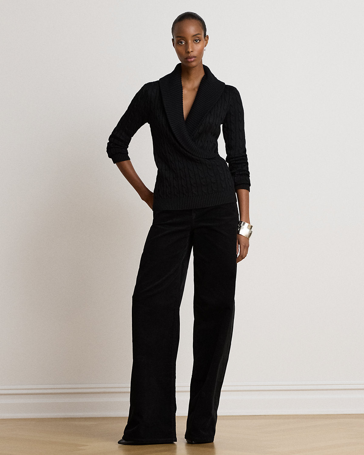Cable Cotton-Blend Shawl-Collar Sweater