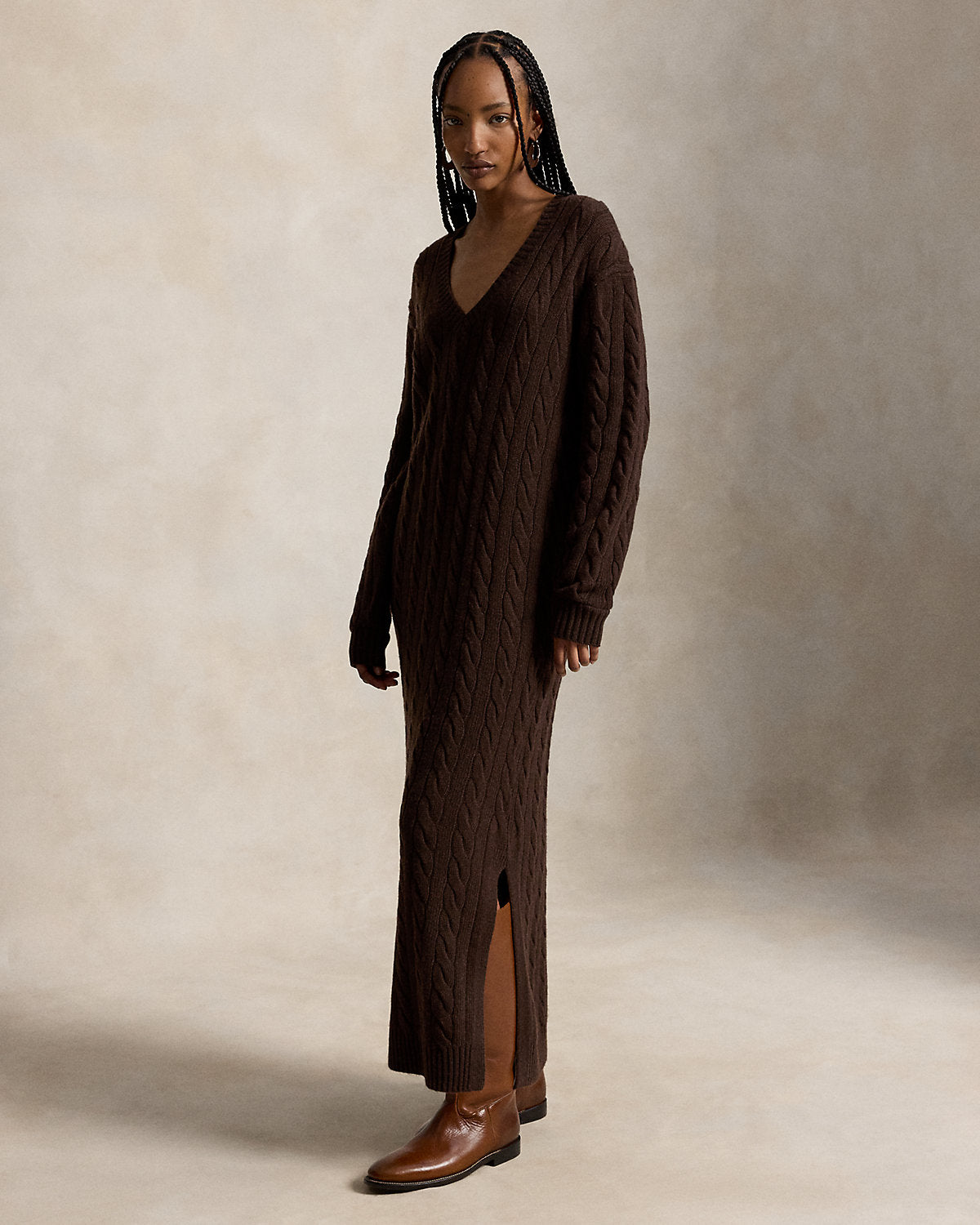 Cable-Knit V-Neck Sweater Dress