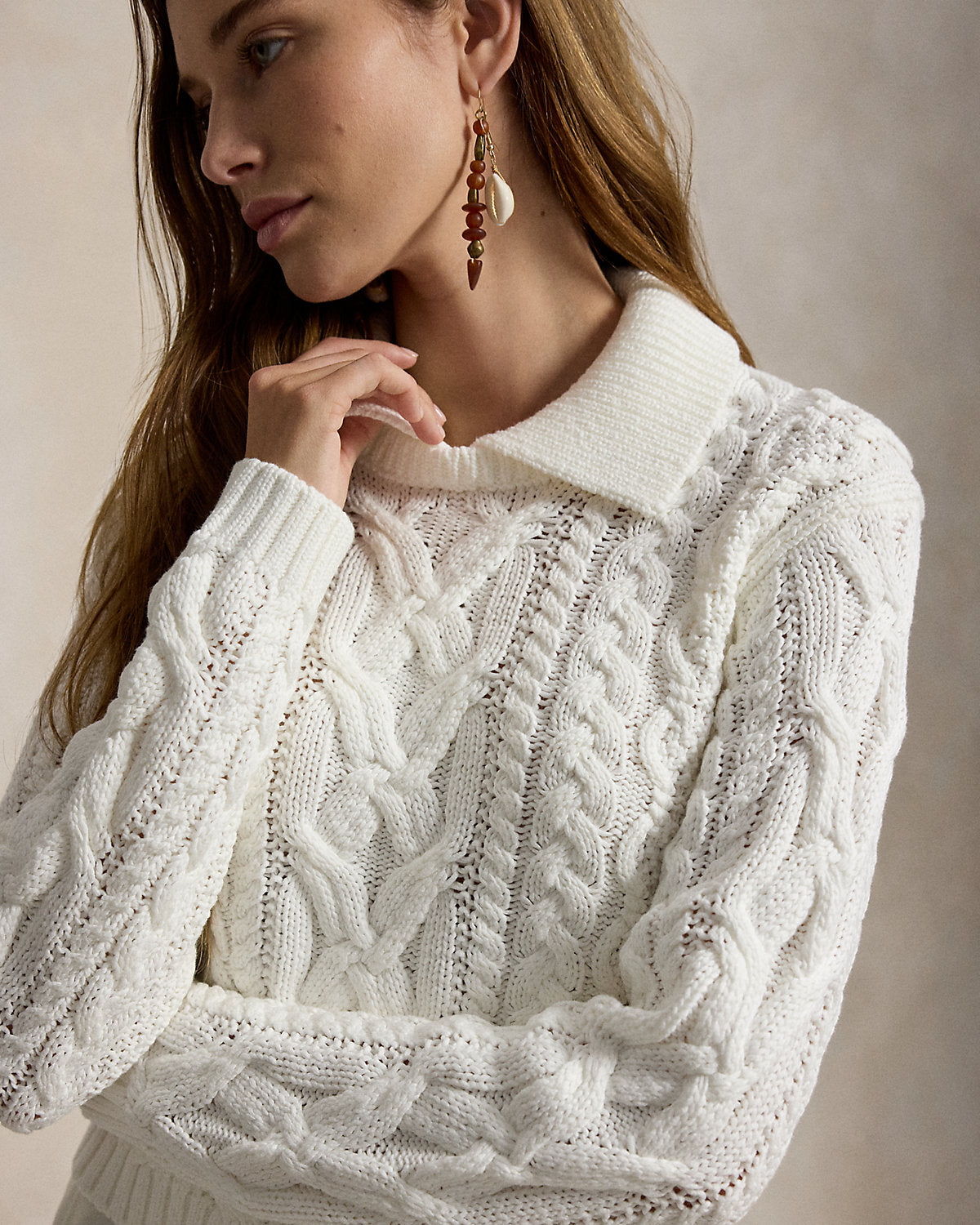 Aran-Knit Cotton Polo-Collar Sweater