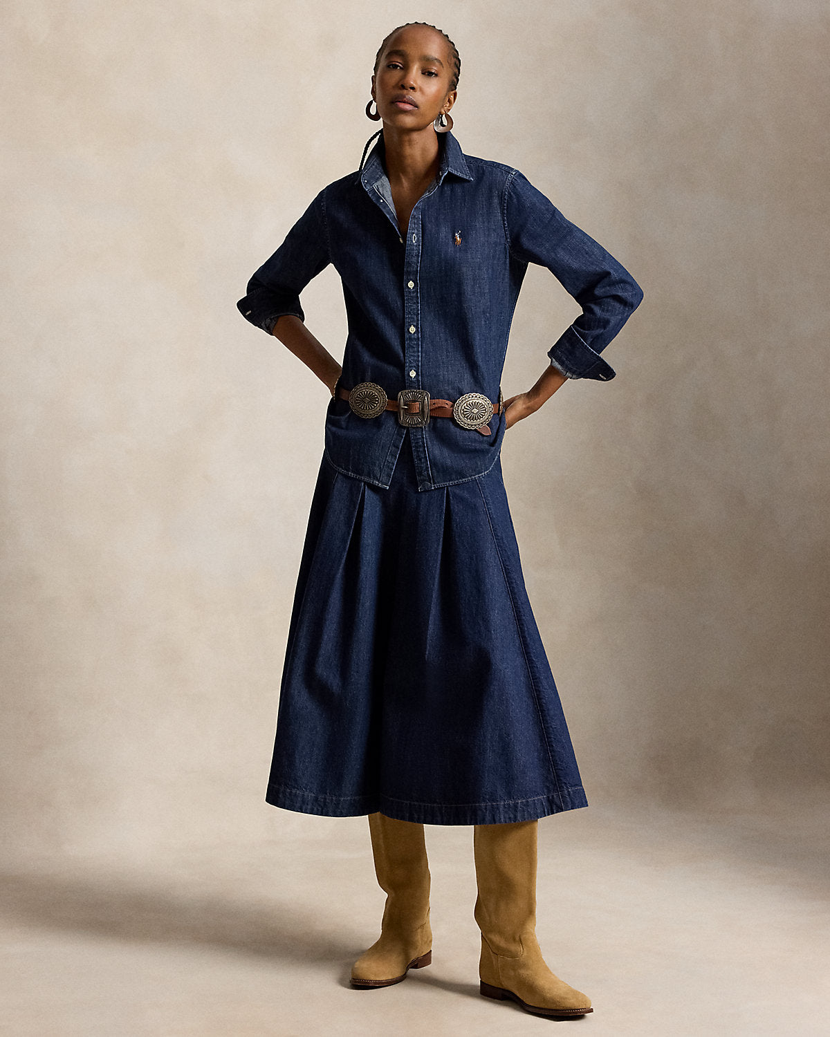 Pleated Denim Midi Skirt