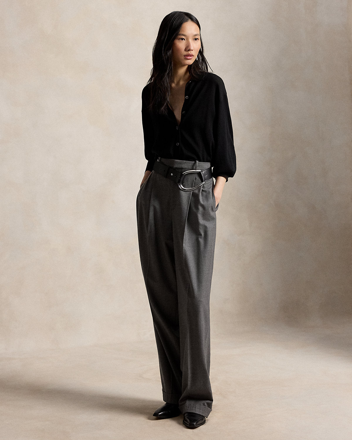 Polo-Collar Wool Blouson Cardigan