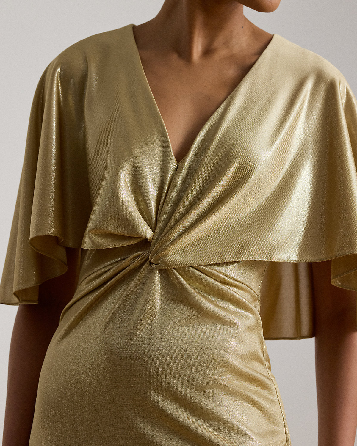 Metallic Jersey Twist-Front Cape Gown