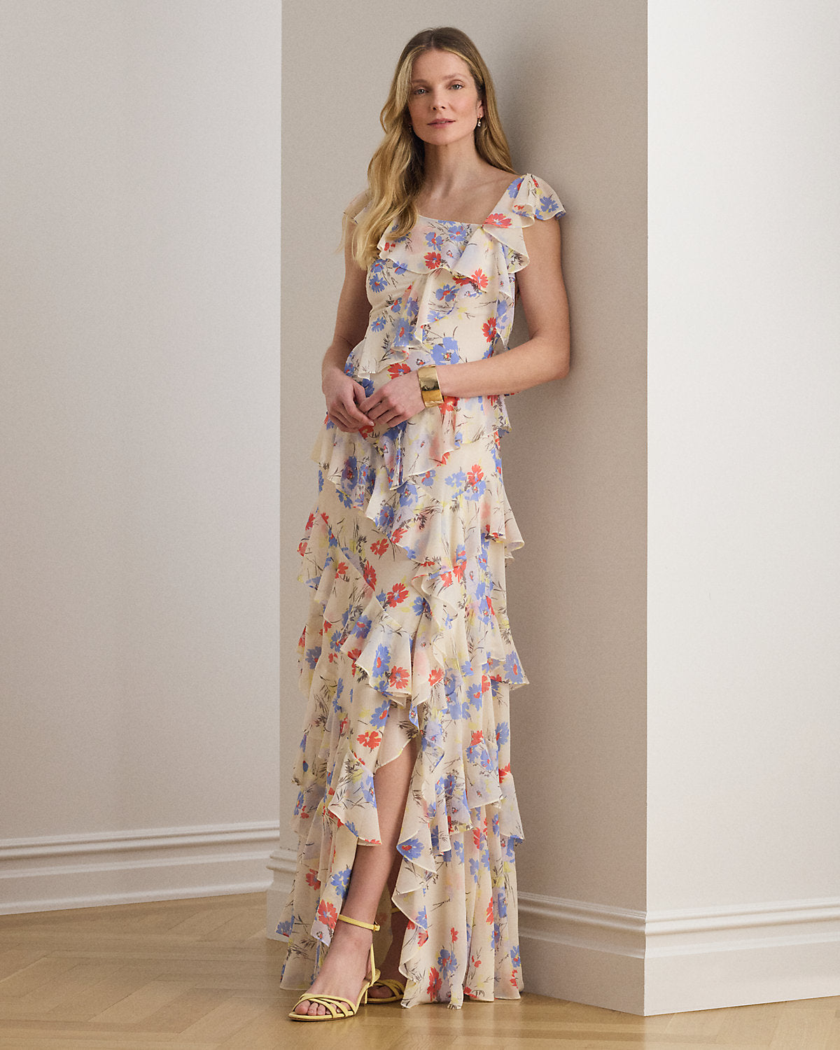 Floral Ruffle-Trim Georgette Tiered Gown
