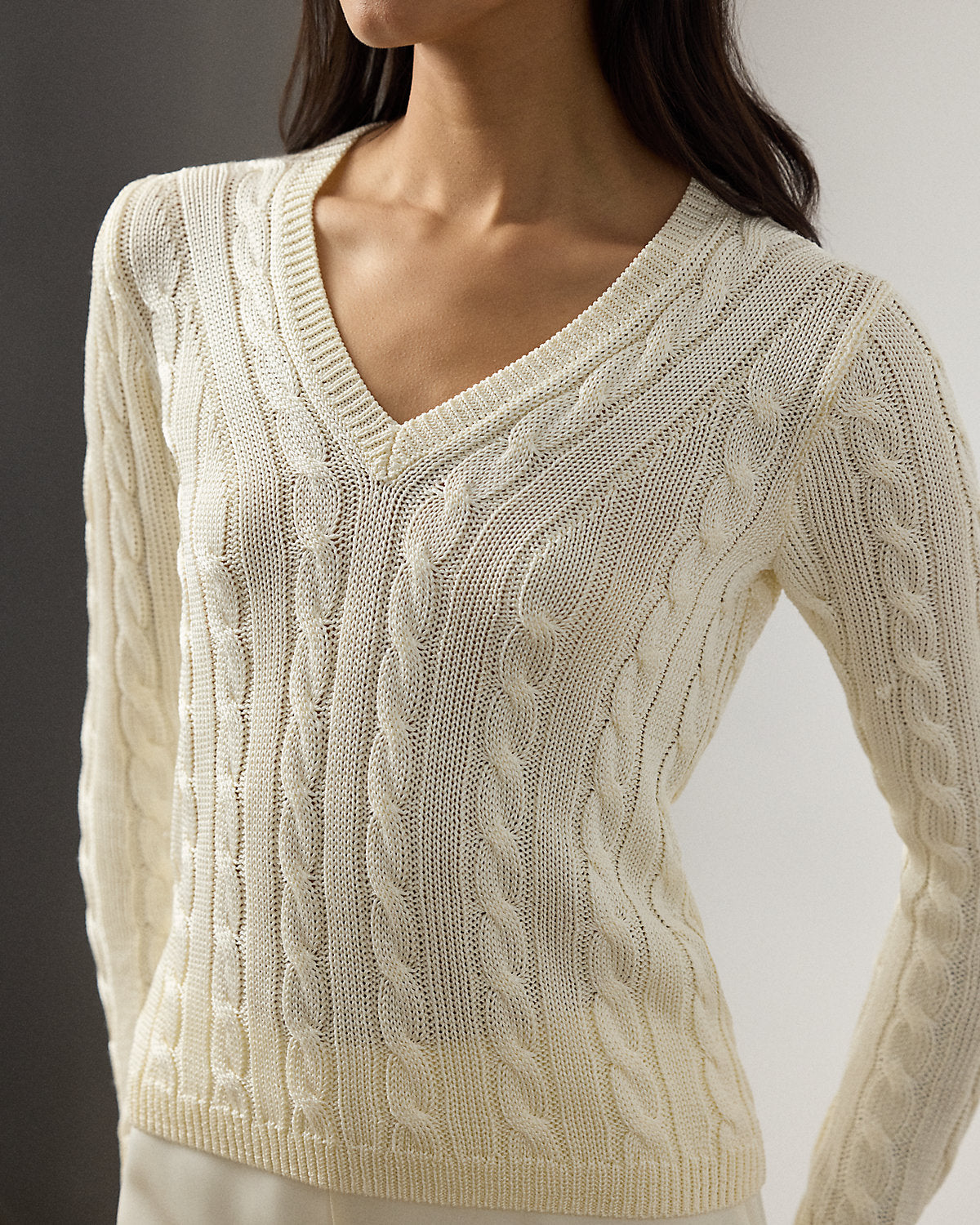 Cable-Knit Silk V-Neck Sweater