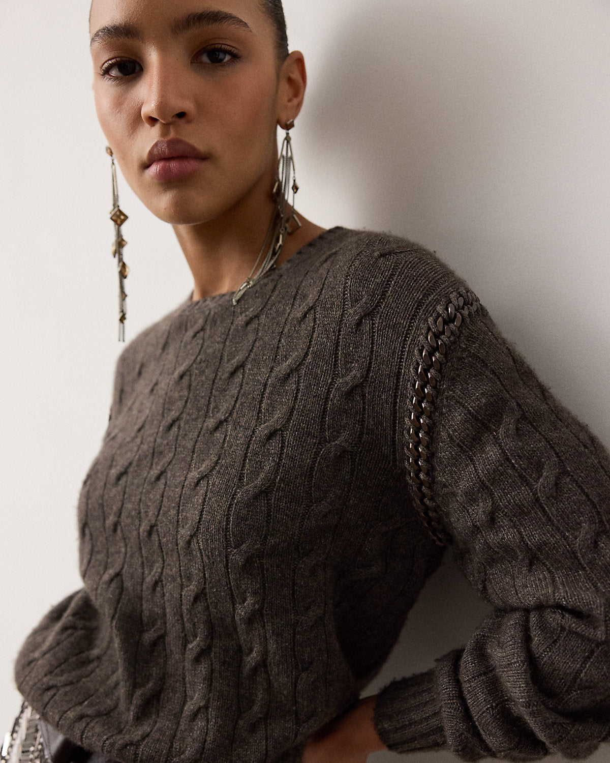 Chain-Trim Cable Cashmere Sweater