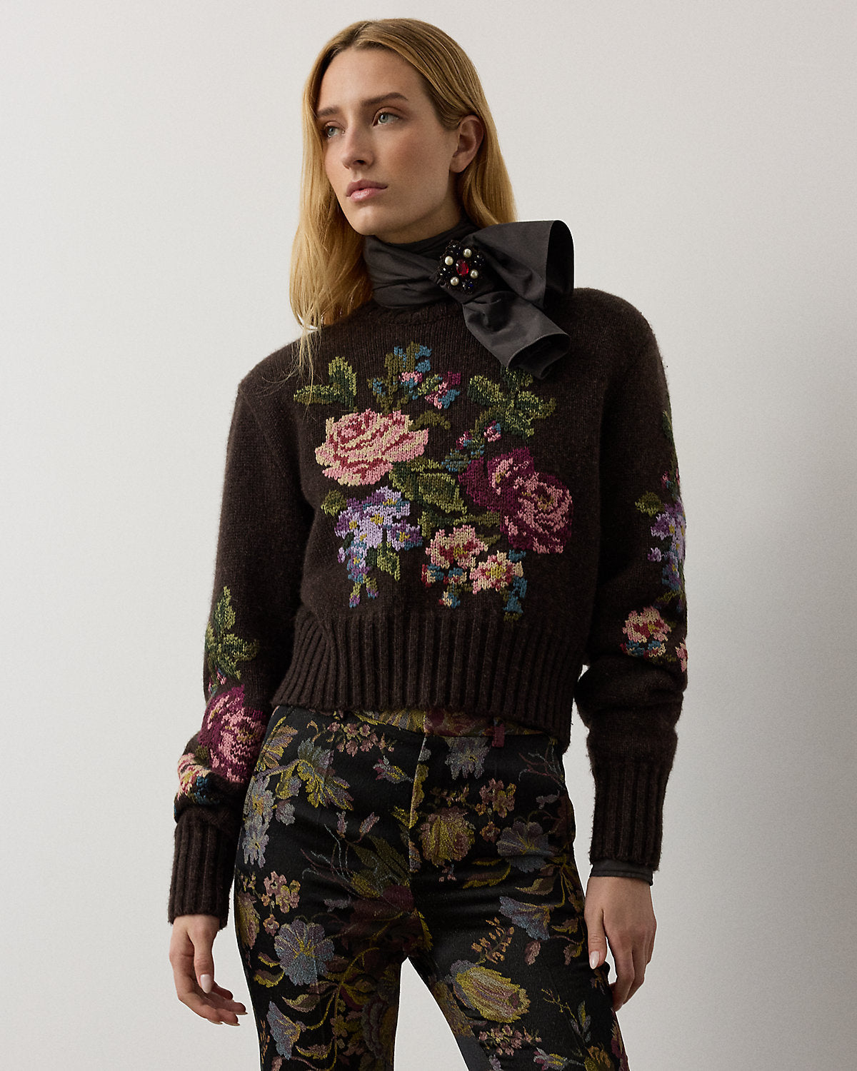 Floral Cashmere Crewneck Sweater