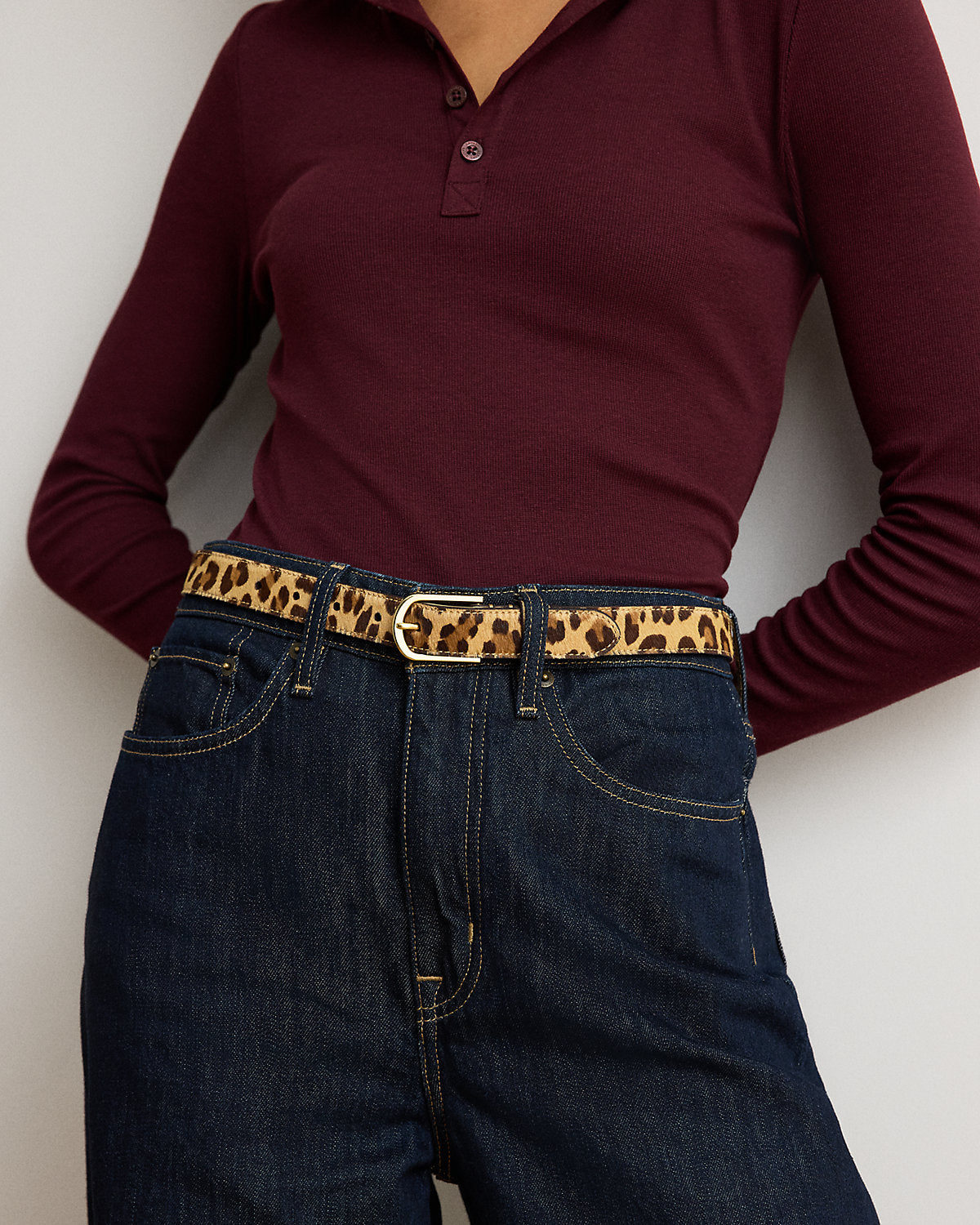Rounded-Buckle Leopard-Print Skinny Belt