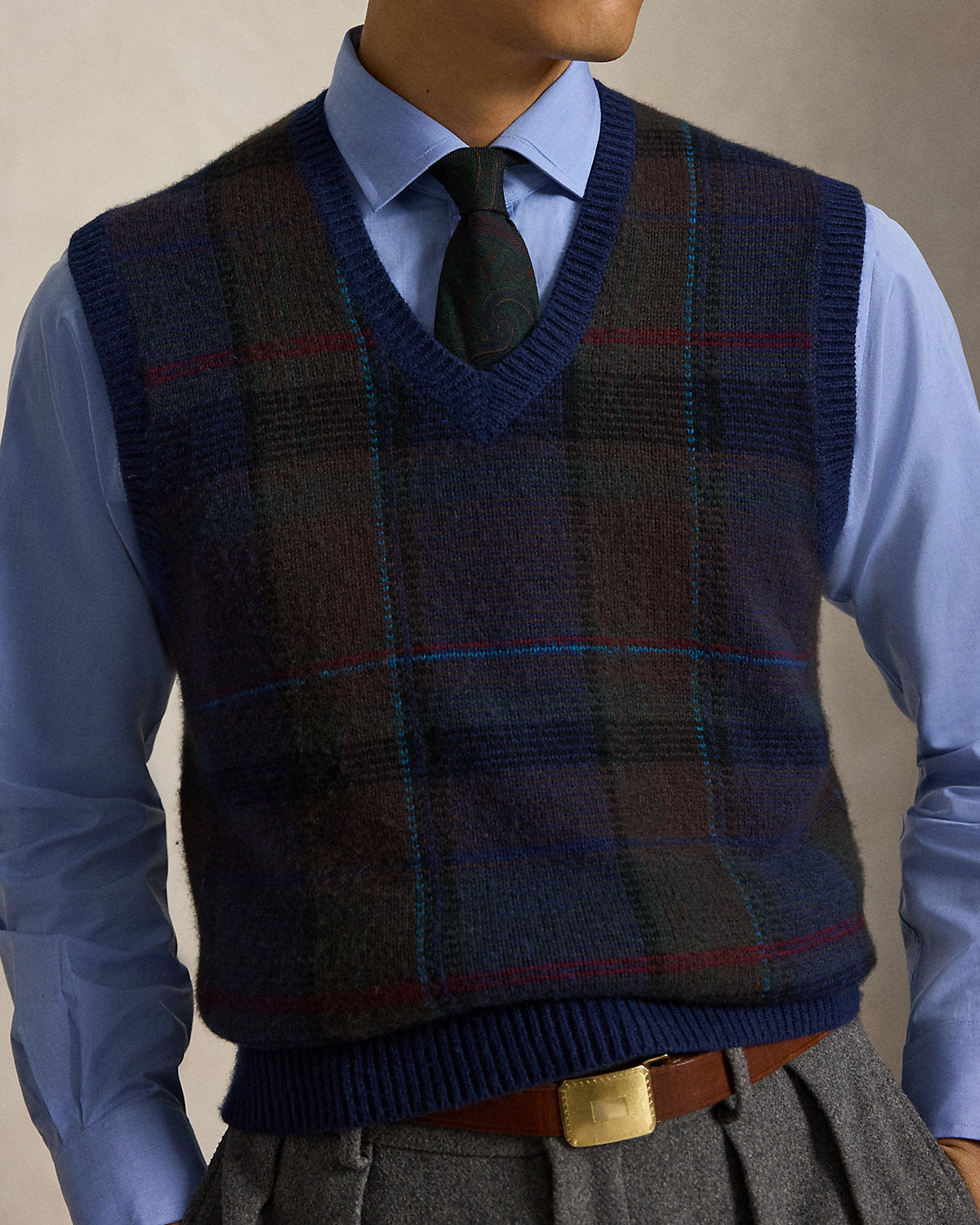 Plaid Wool-Cotton Sweater Vest