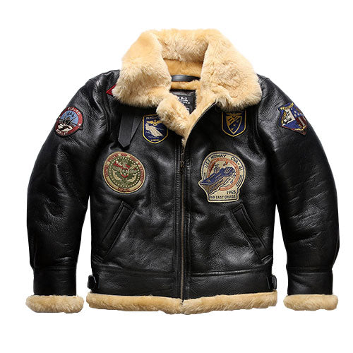 Genuine Sheepskin Bomber Jacket Military Fur-J04