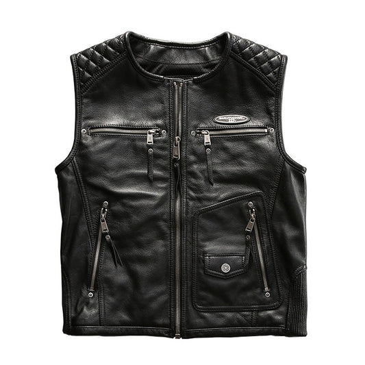 Harley leather vest round neck cowhide vest-J32