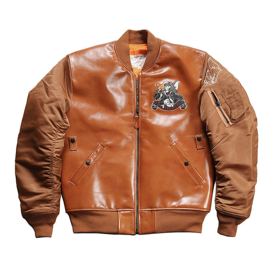 Cartoon sports casual leather cowhide jacket-J39