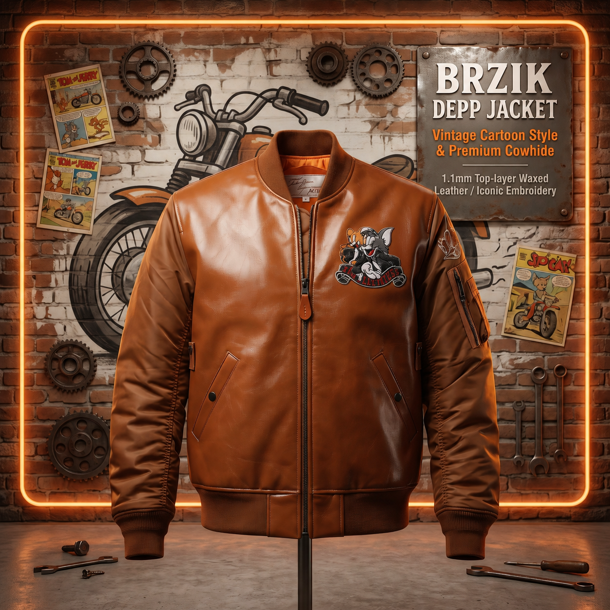 Cartoon sports casual leather cowhide jacket-J39