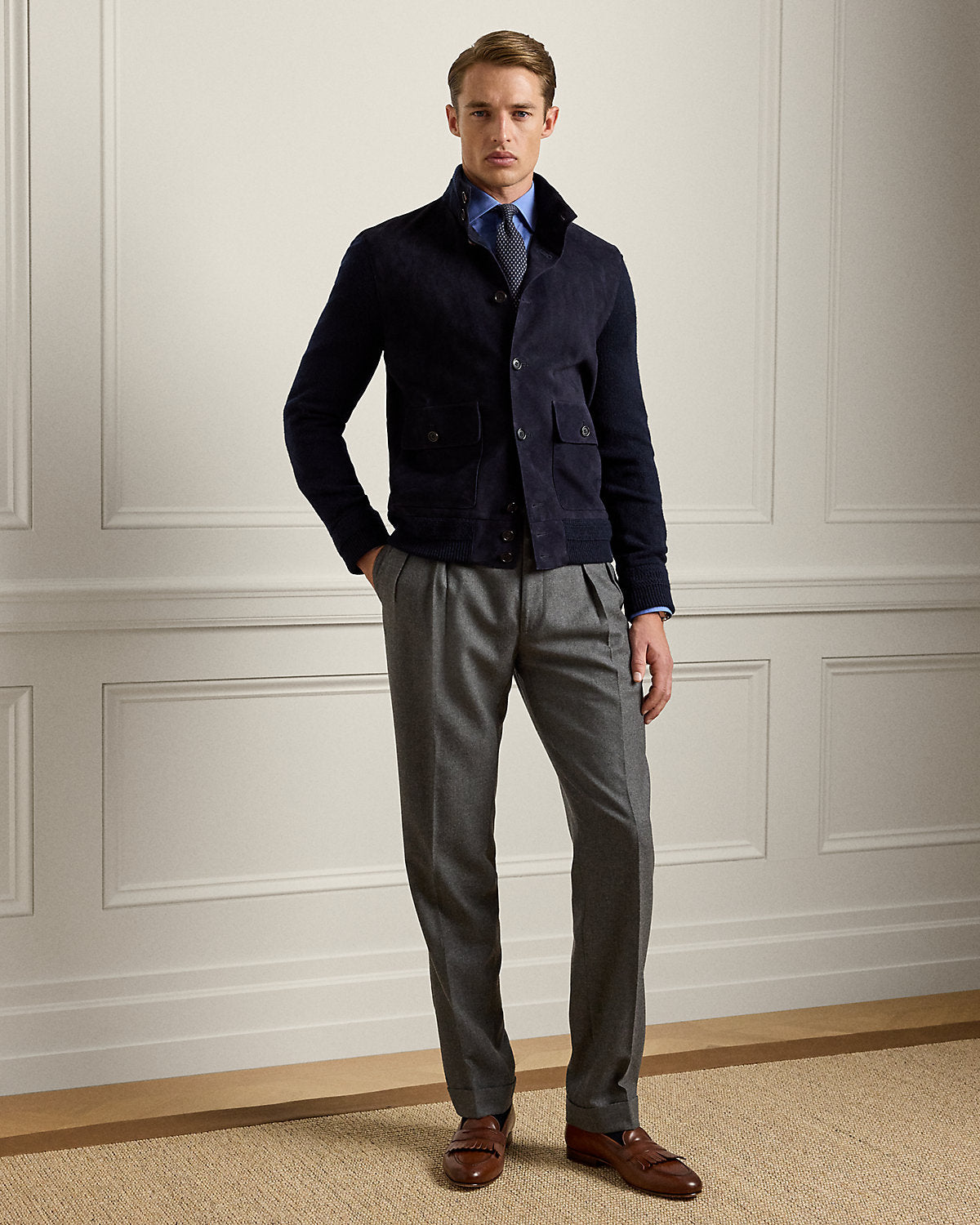 Suede-Front Cashmere Cardigan