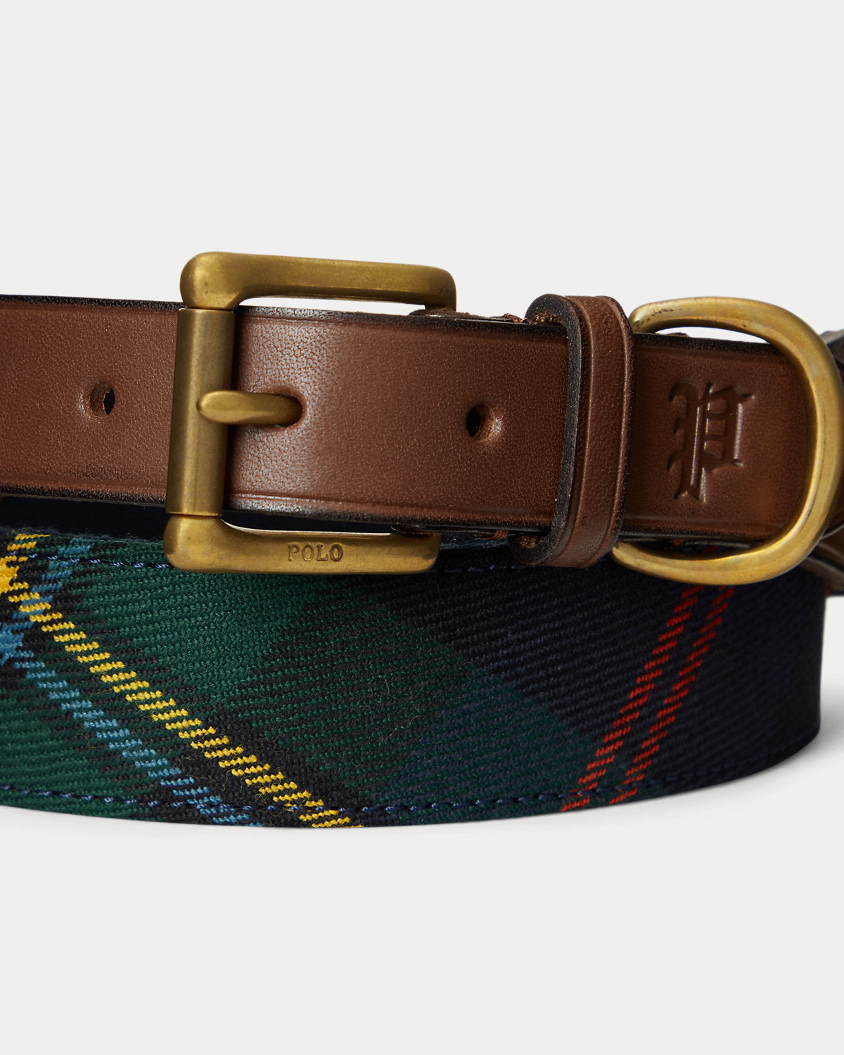 Leather-Trim Plaid Belt