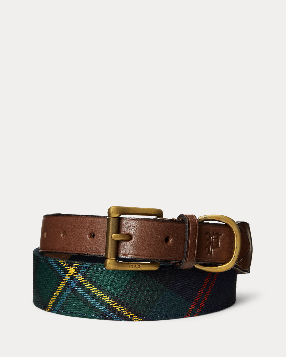 Leather-Trim Plaid Belt