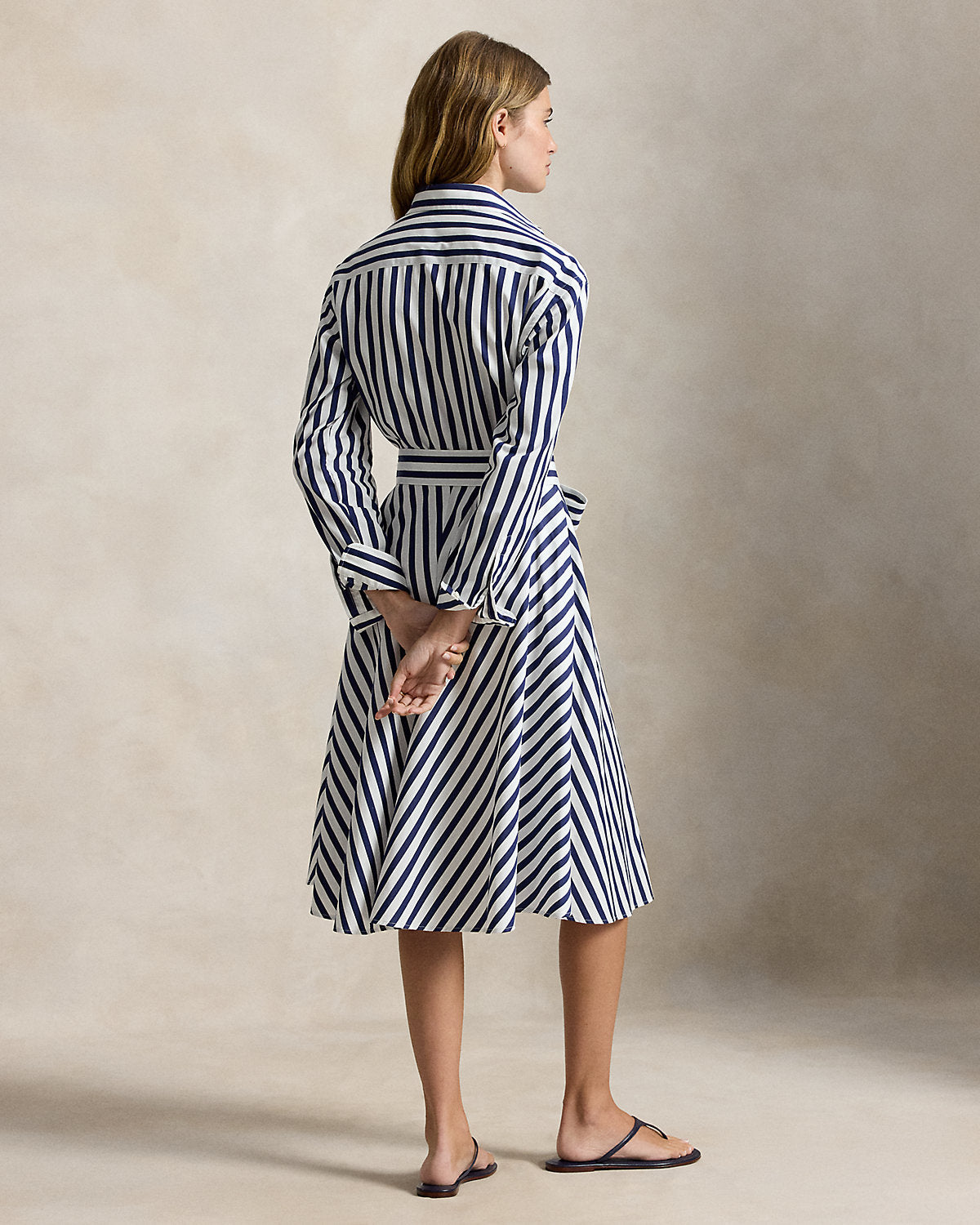 Belted Wide-Stripe Cotton Shirtdress
