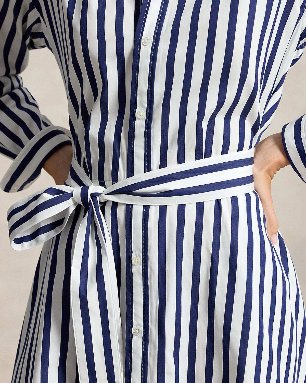 Belted Wide-Stripe Cotton Shirtdress