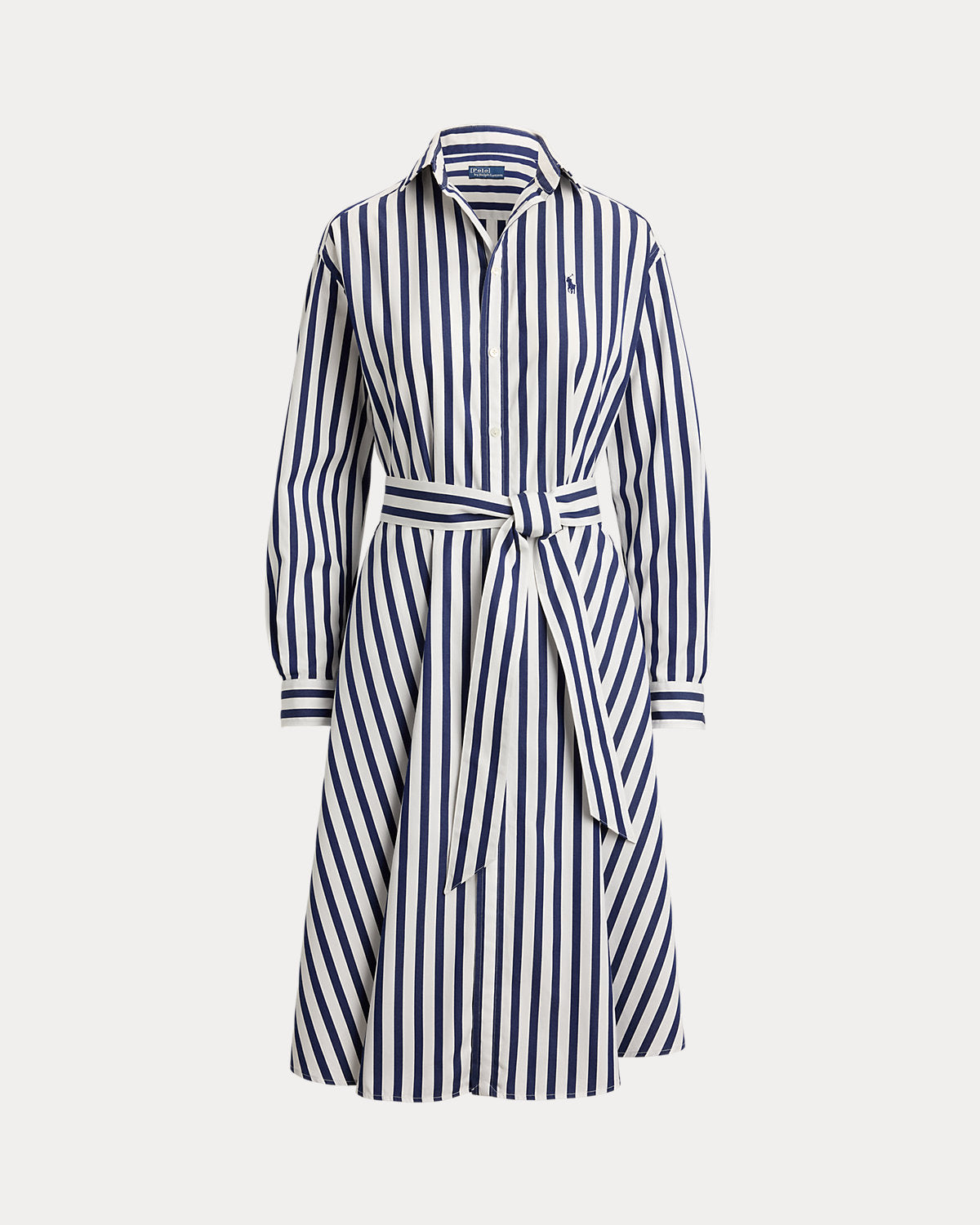 Belted Wide-Stripe Cotton Shirtdress
