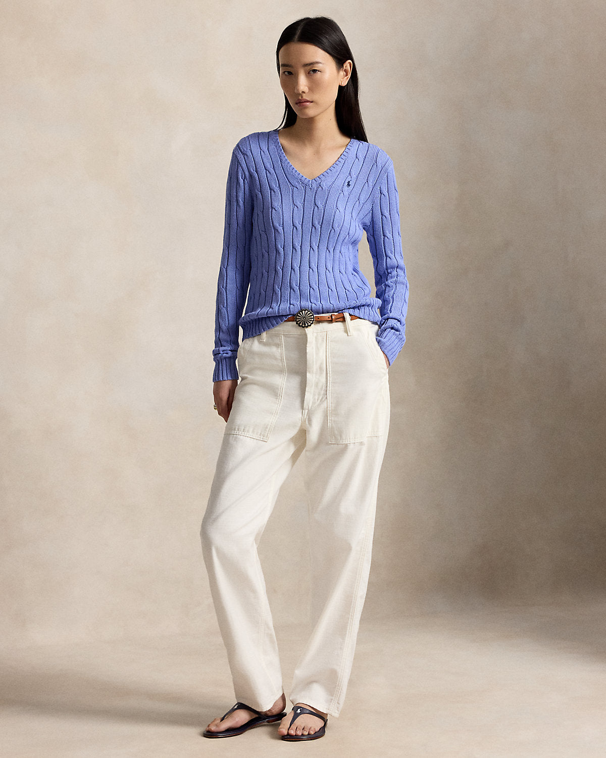 Cable-Knit Cotton V-Neck Sweater