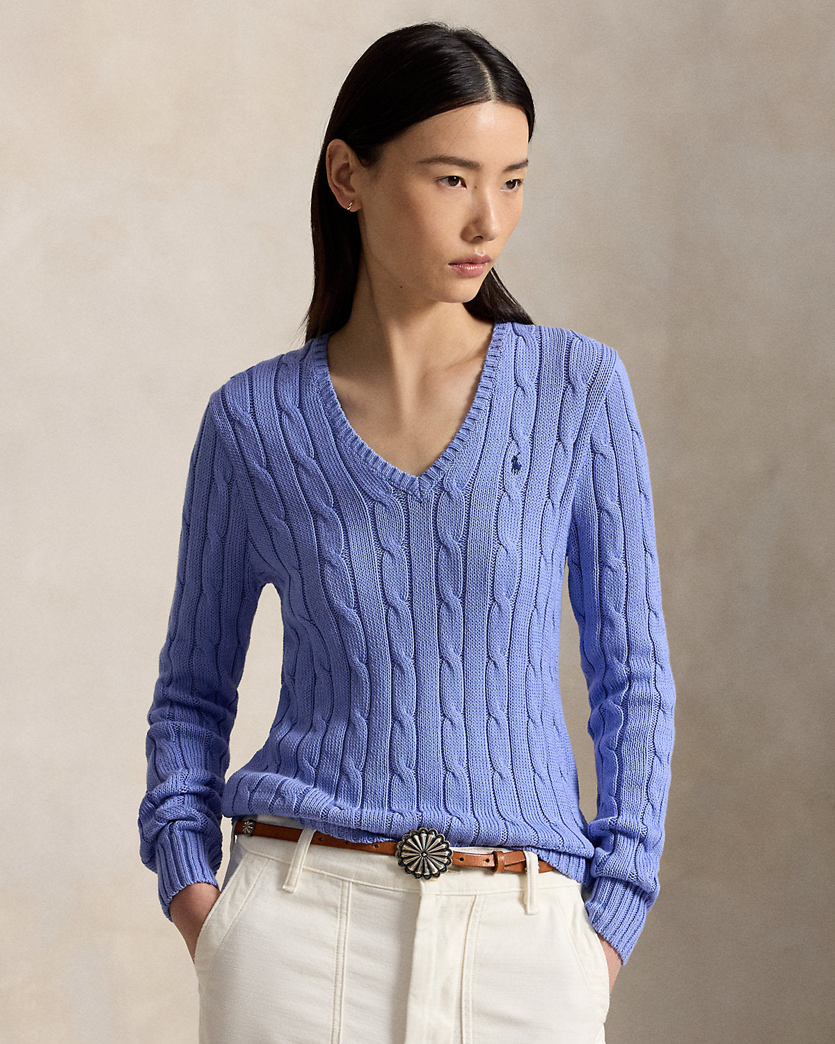 Cable-Knit Cotton V-Neck Sweater