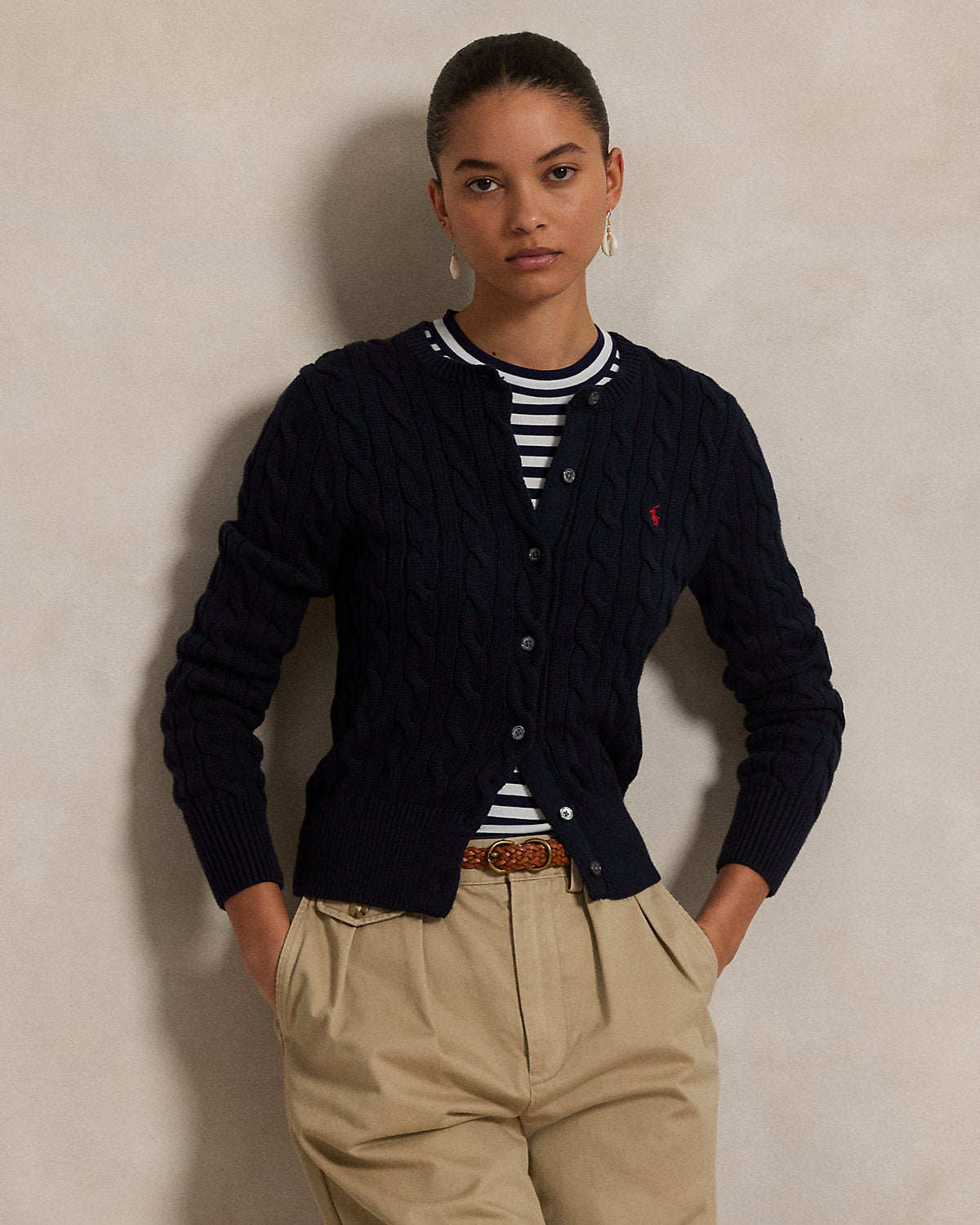 Cable-Knit Cotton Crewneck Cardigan