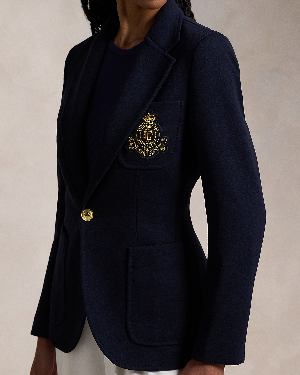 Single-Breasted Logo-Crest Knit Blazer
