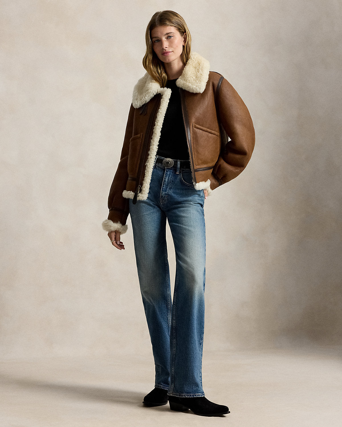 Leather-Trim Shearling Aviator Jacket