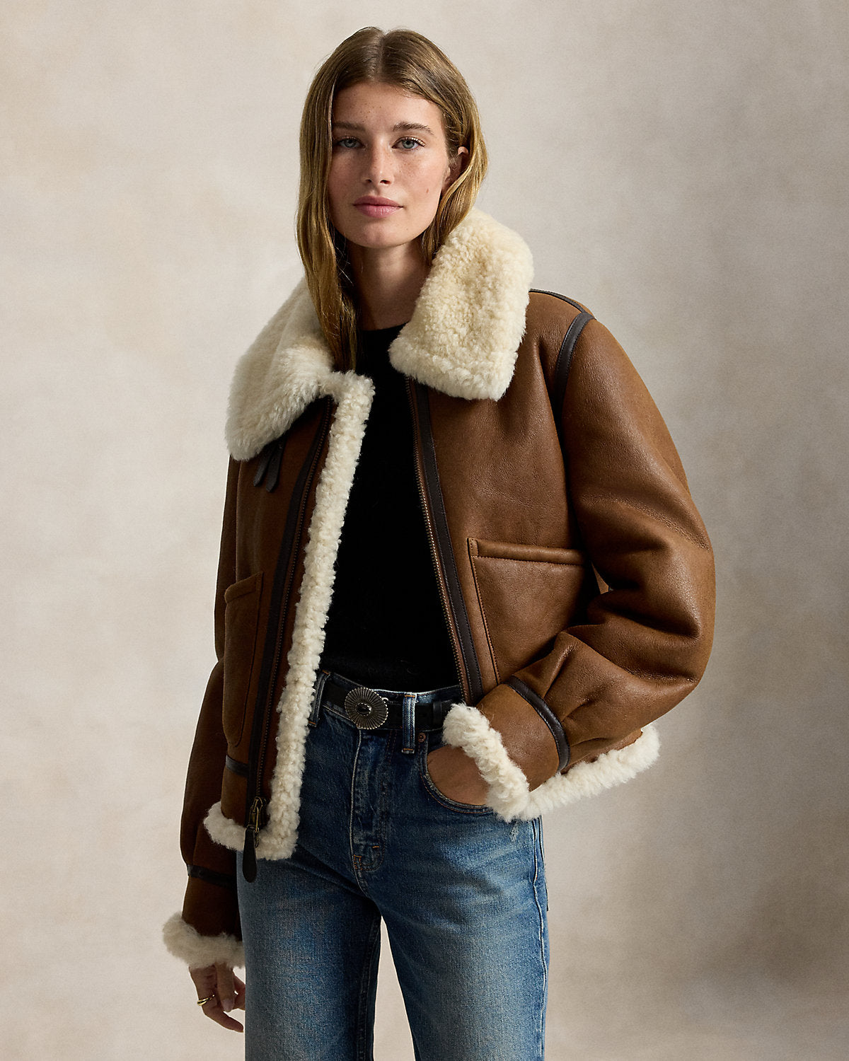 Leather-Trim Shearling Aviator Jacket