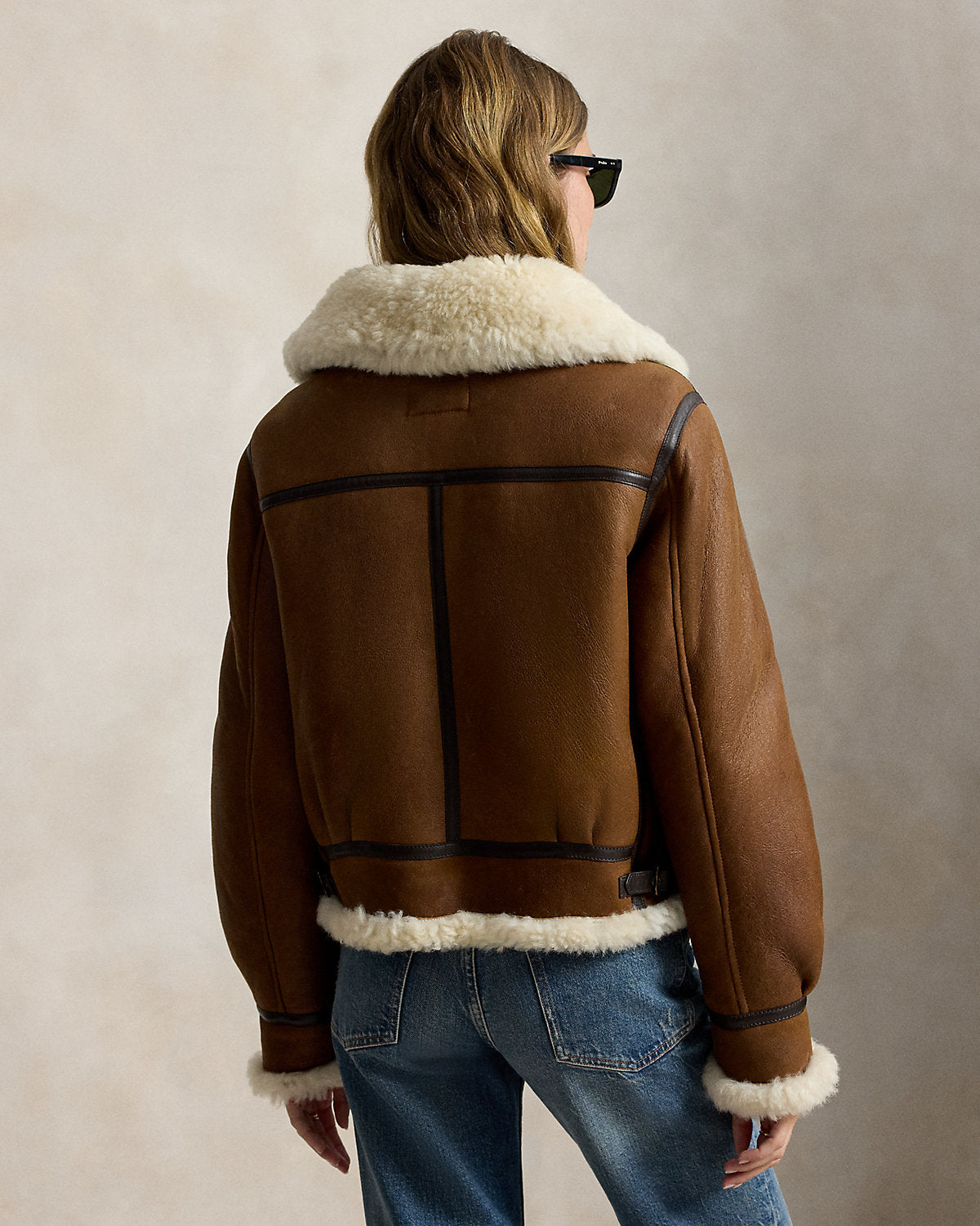 Leather-Trim Shearling Aviator Jacket
