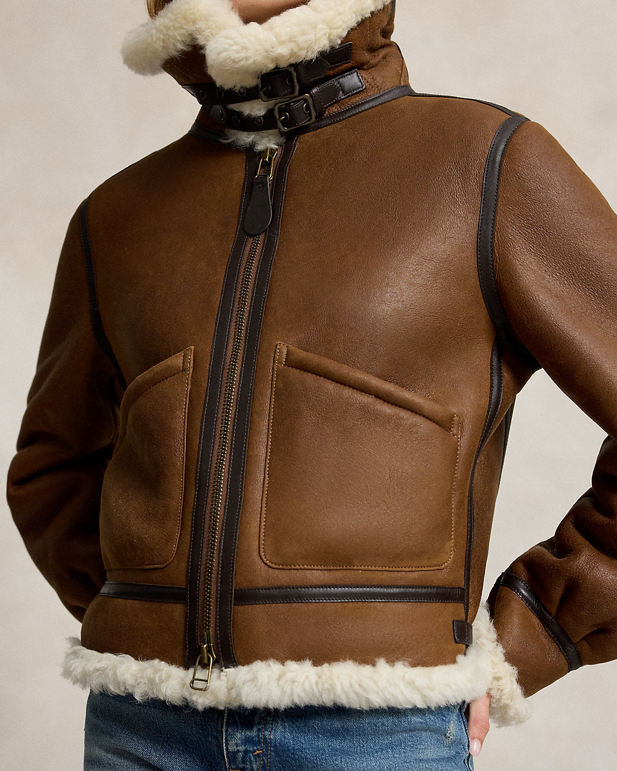 Leather-Trim Shearling Aviator Jacket