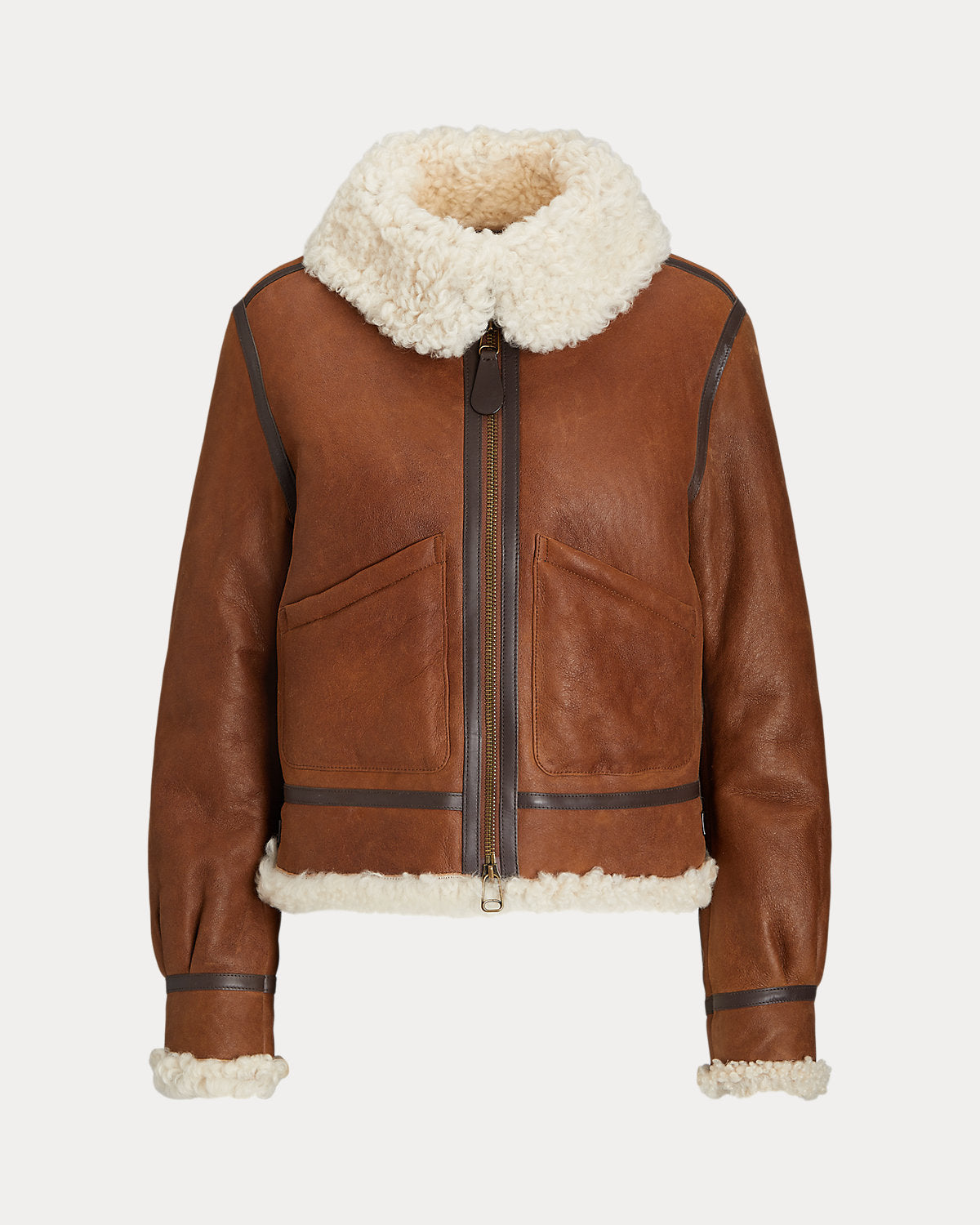 Leather-Trim Shearling Aviator Jacket