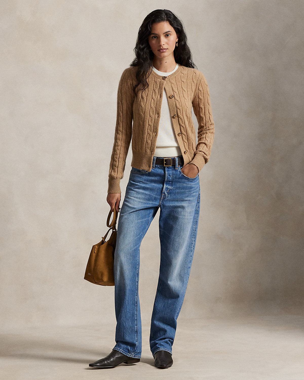 Cable-Knit Cashmere Crewneck Cardigan