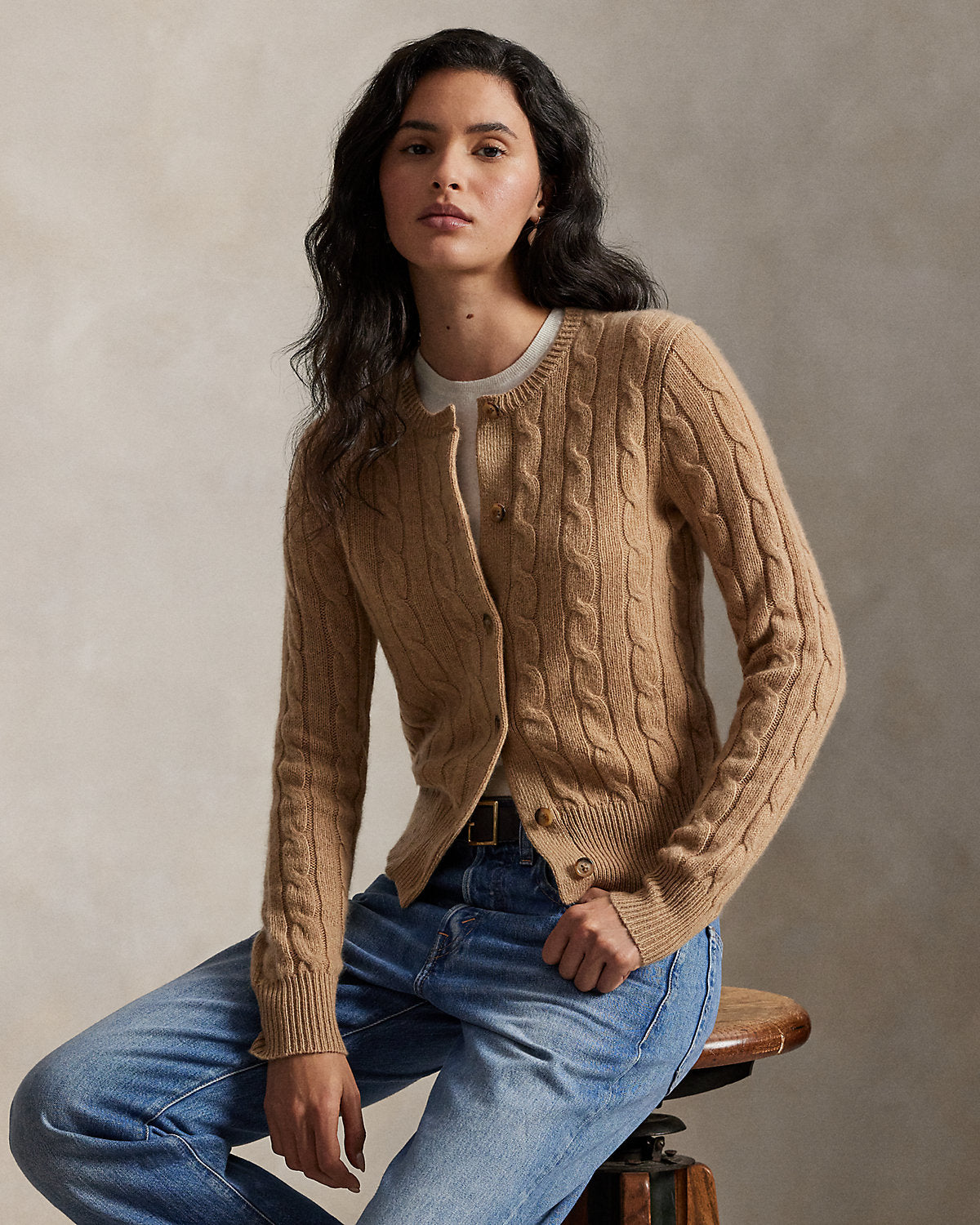 Cable-Knit Cashmere Crewneck Cardigan