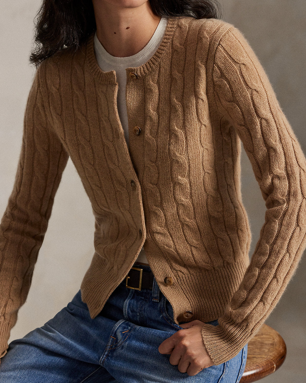 Cable-Knit Cashmere Crewneck Cardigan