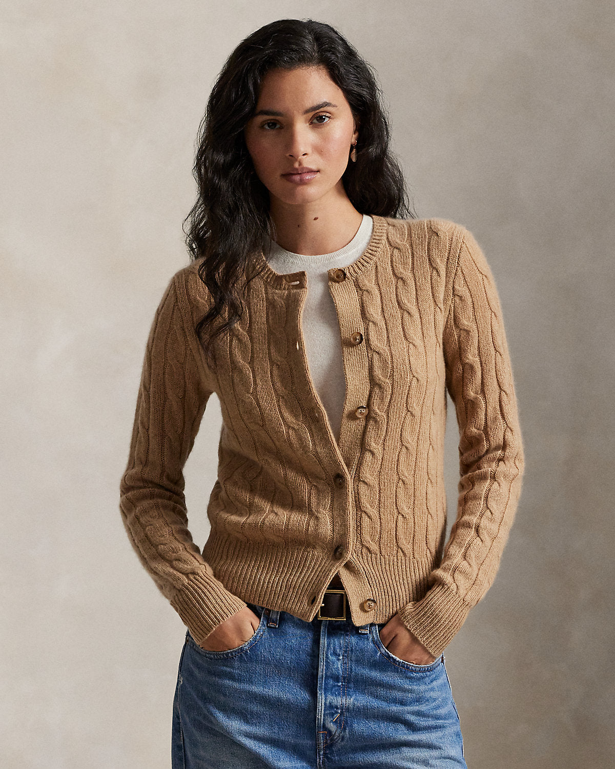 Cable-Knit Cashmere Crewneck Cardigan
