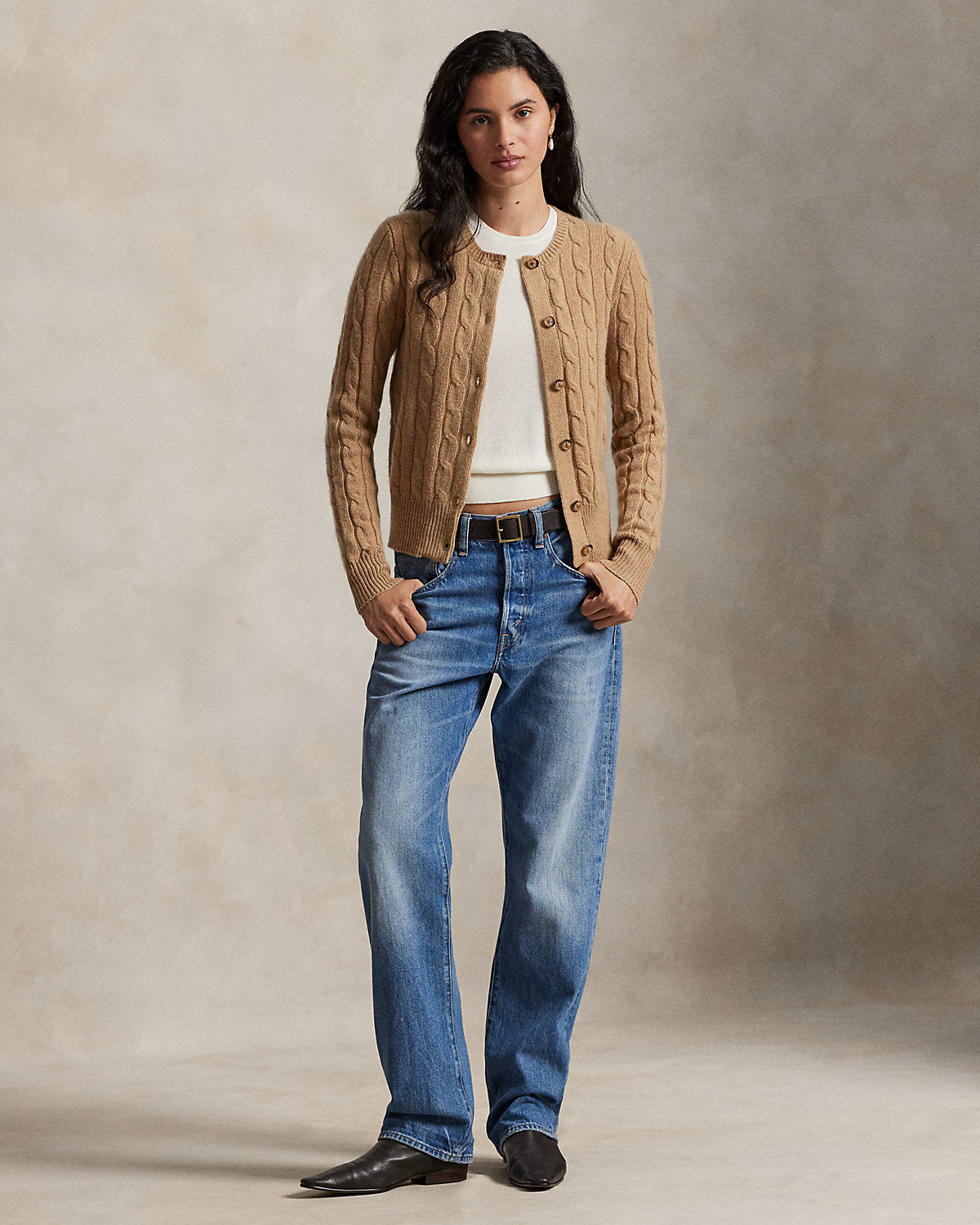 Cable-Knit Cashmere Crewneck Cardigan