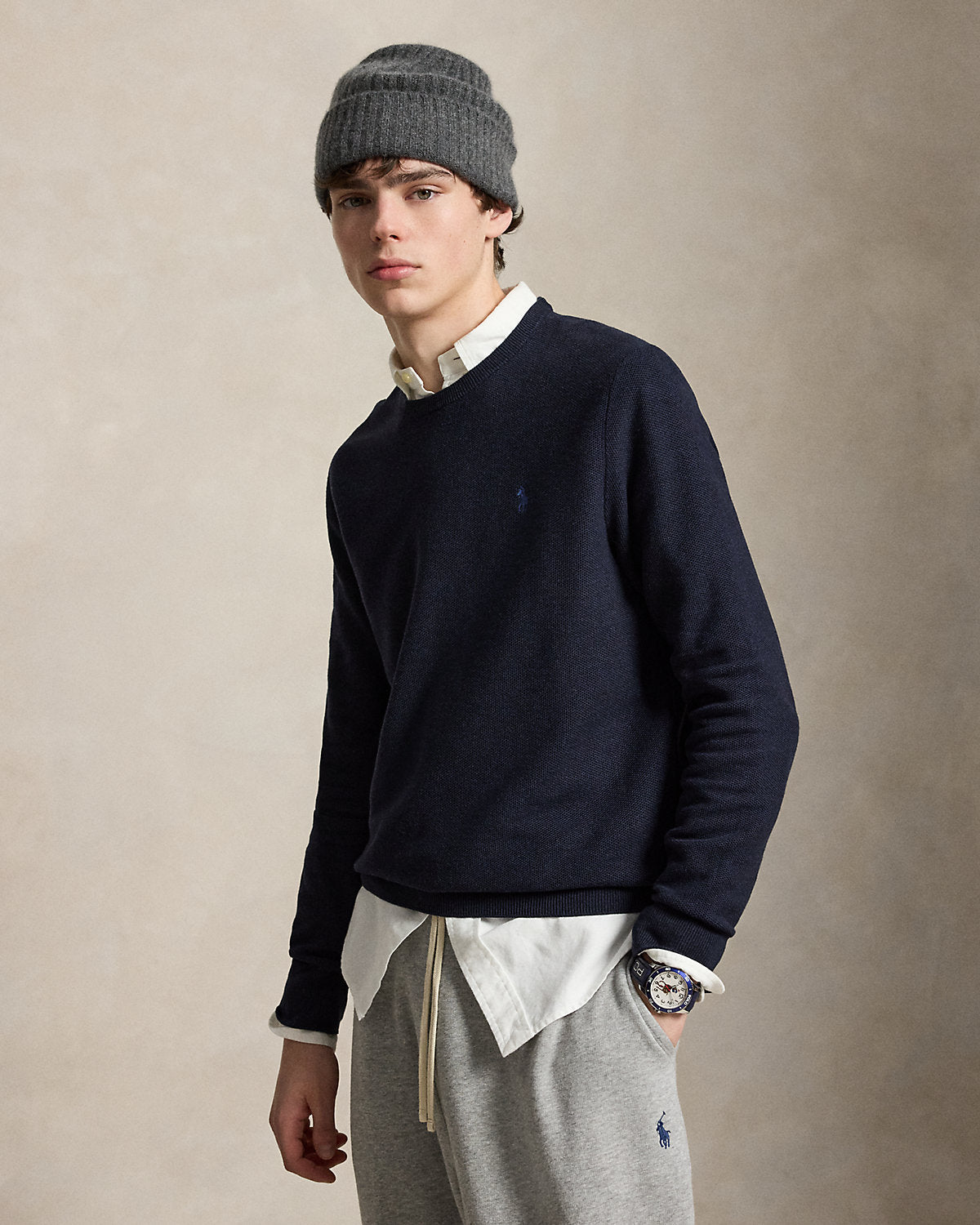 Mesh-Knit Cotton Crewneck Sweater