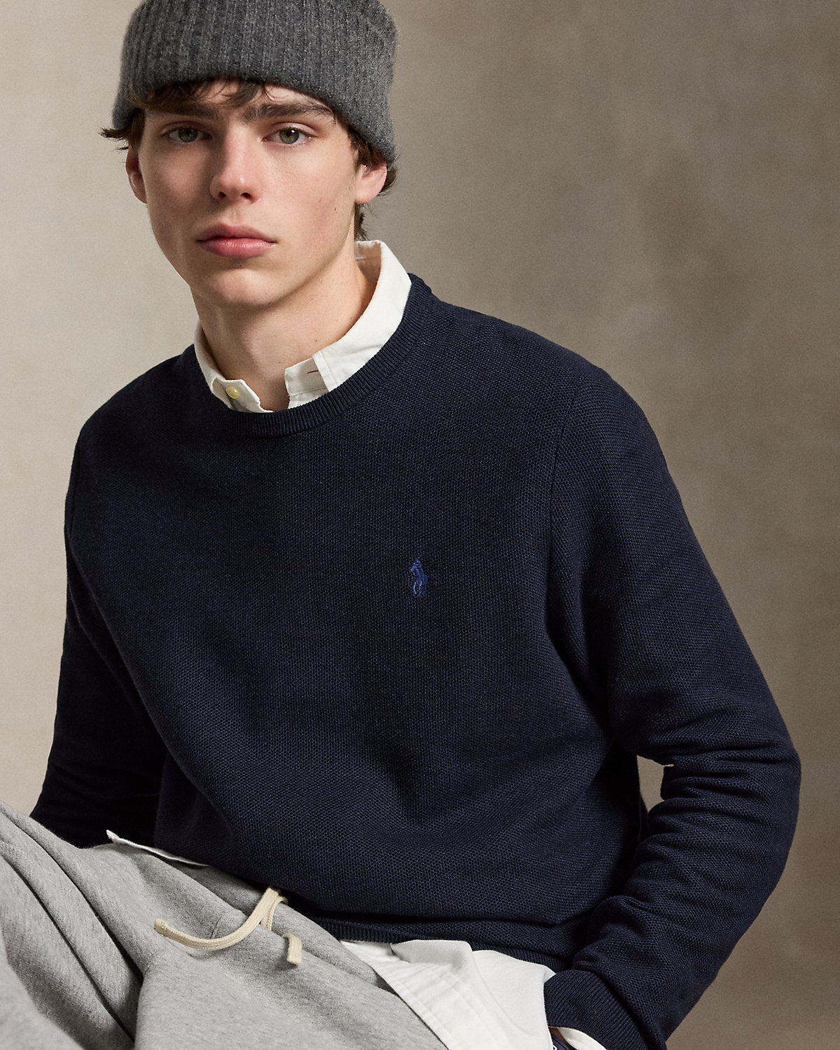 Mesh-Knit Cotton Crewneck Sweater