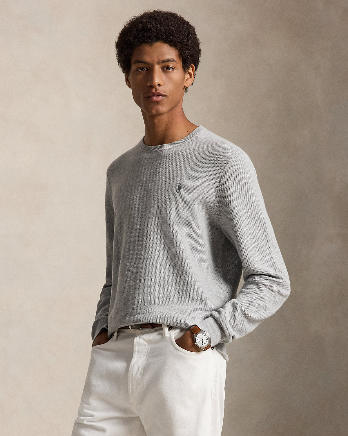 Mesh-Knit Cotton Crewneck Sweater