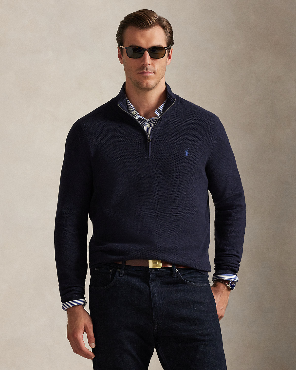 Mesh-Knit Cotton Quarter-Zip Sweater