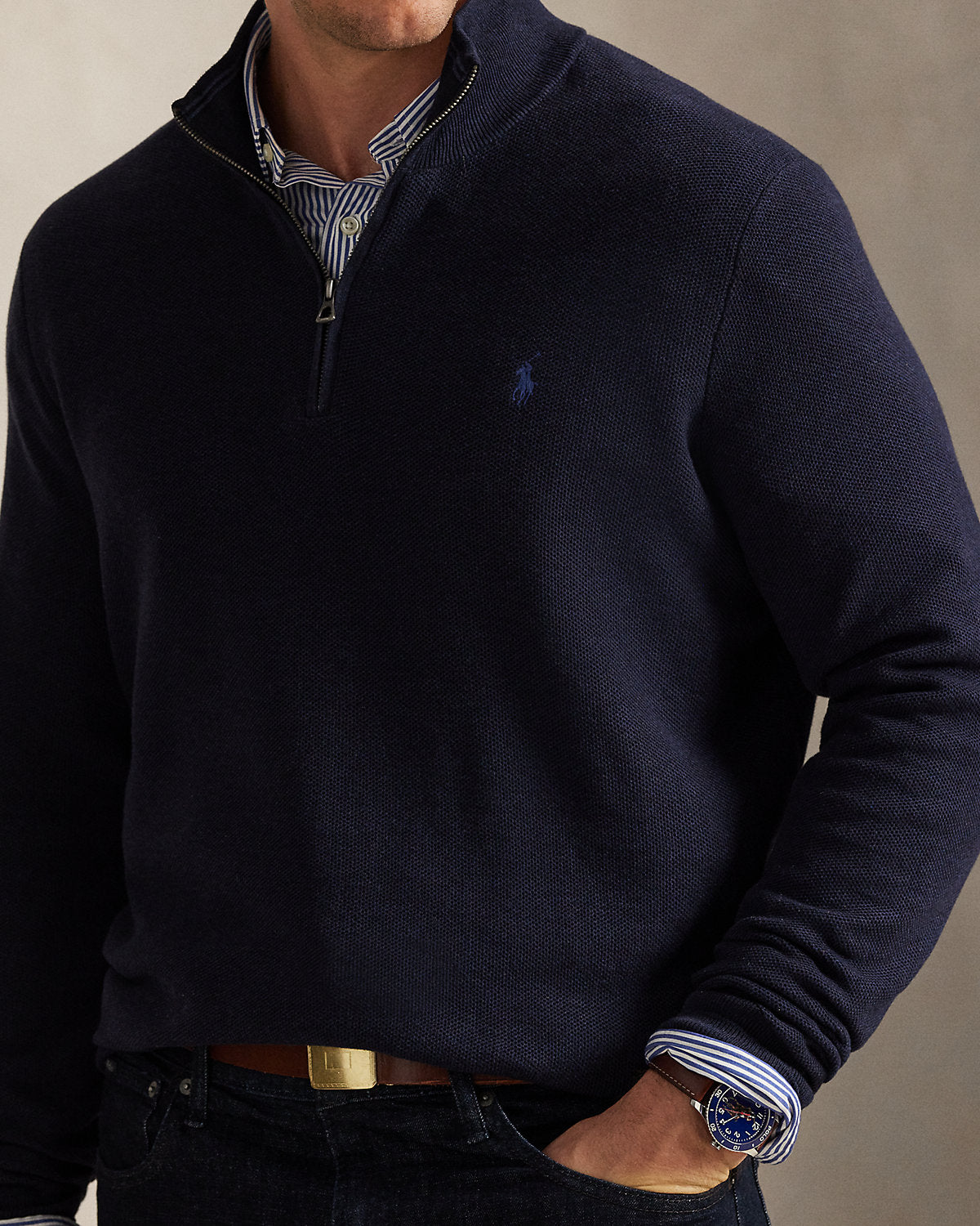 Mesh-Knit Cotton Quarter-Zip Sweater