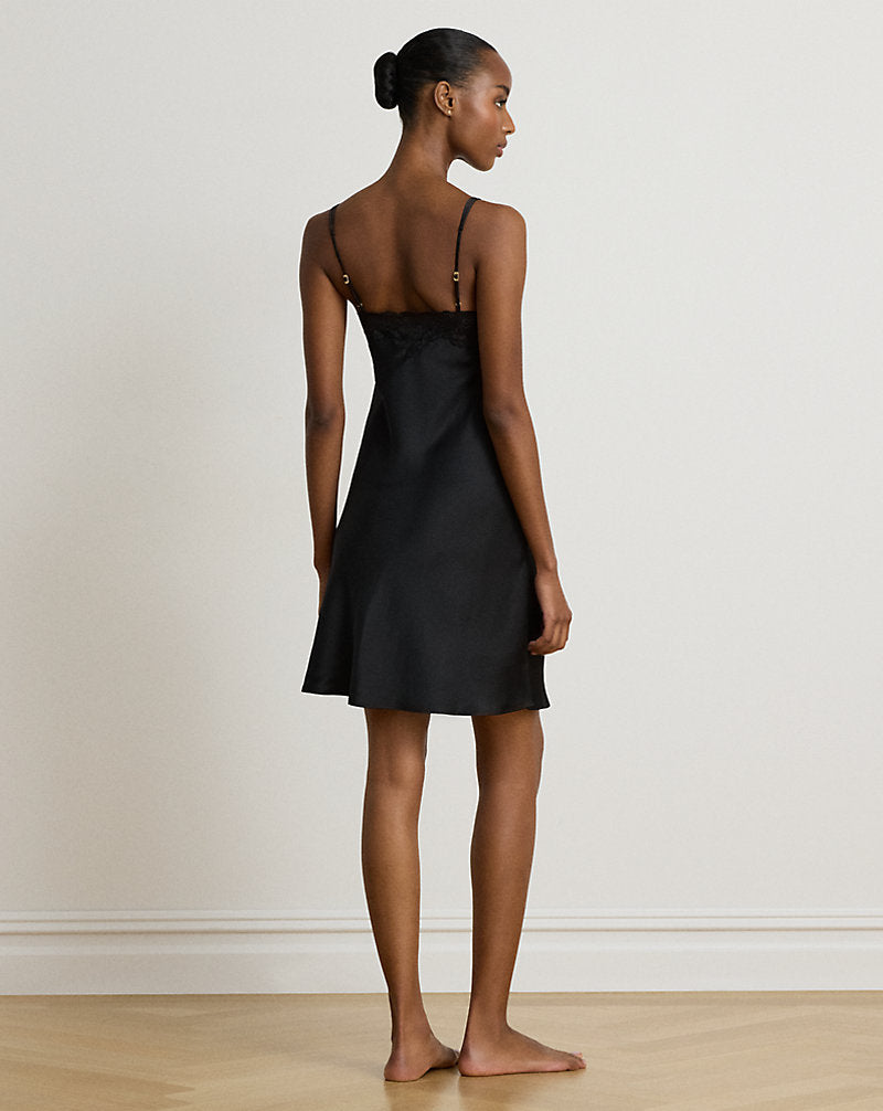 Double-Strap Lace-Trim Satin Chemise Black