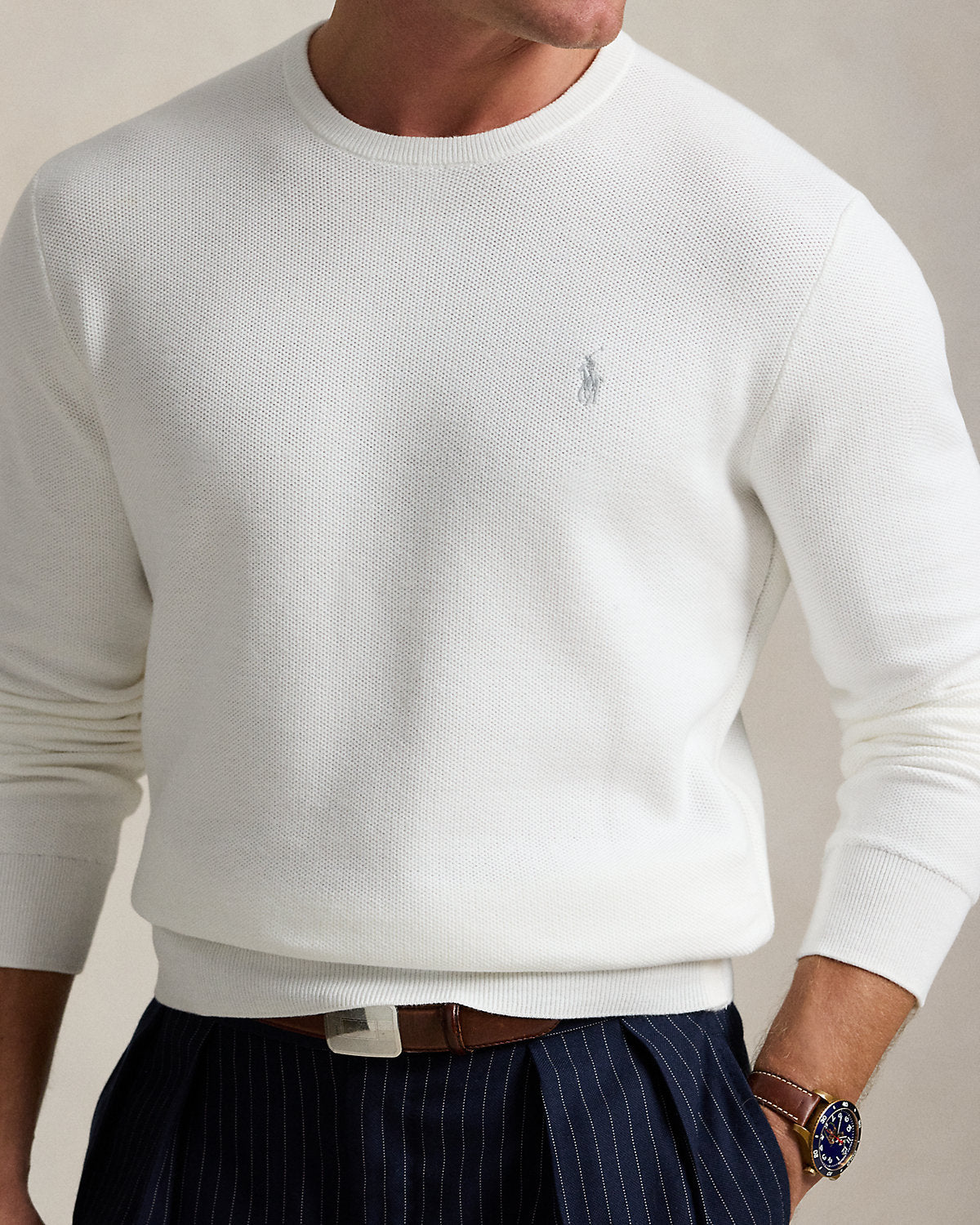 Mesh-Knit Cotton Crewneck Sweater