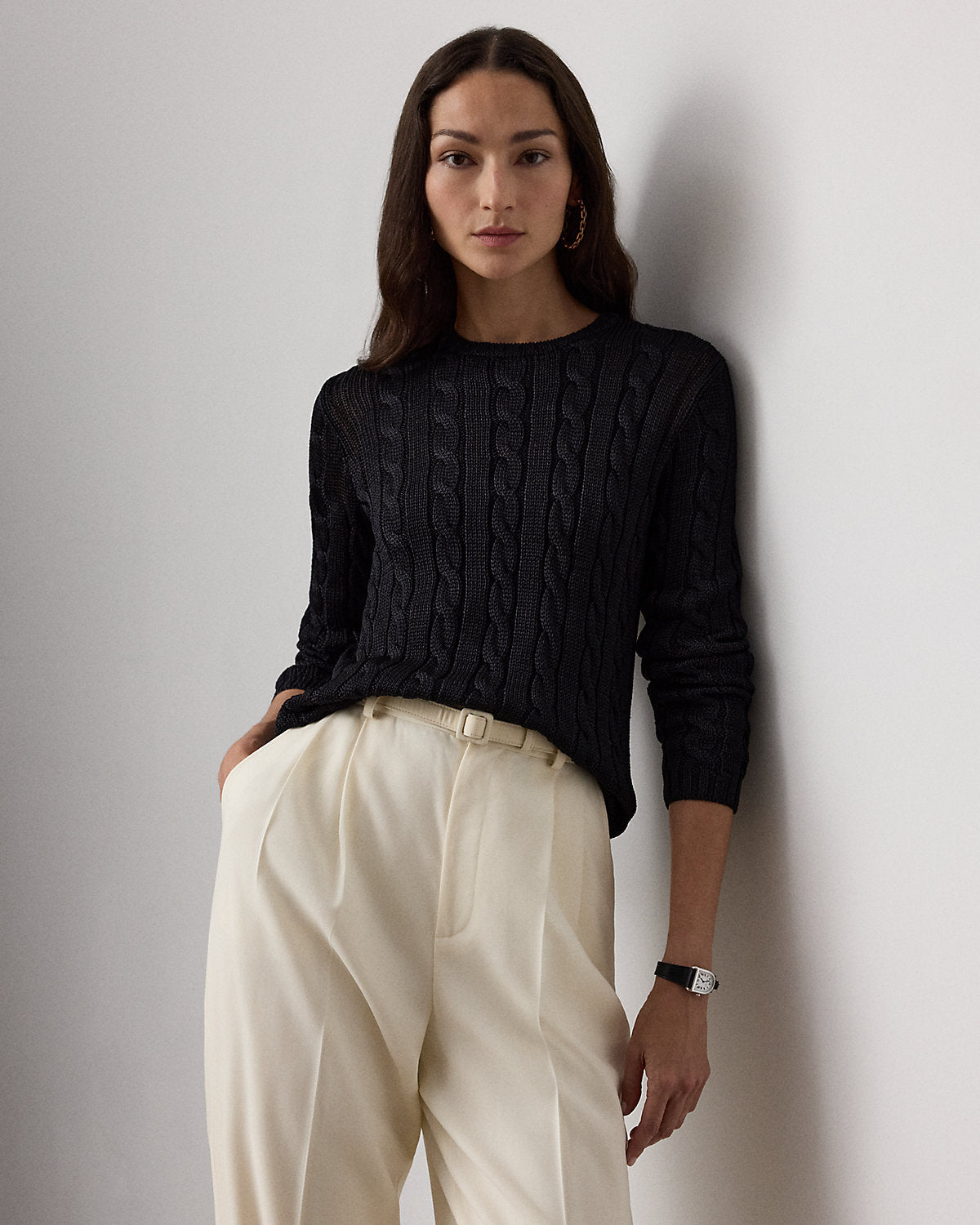 Cable-Knit Silk Crewneck Sweater