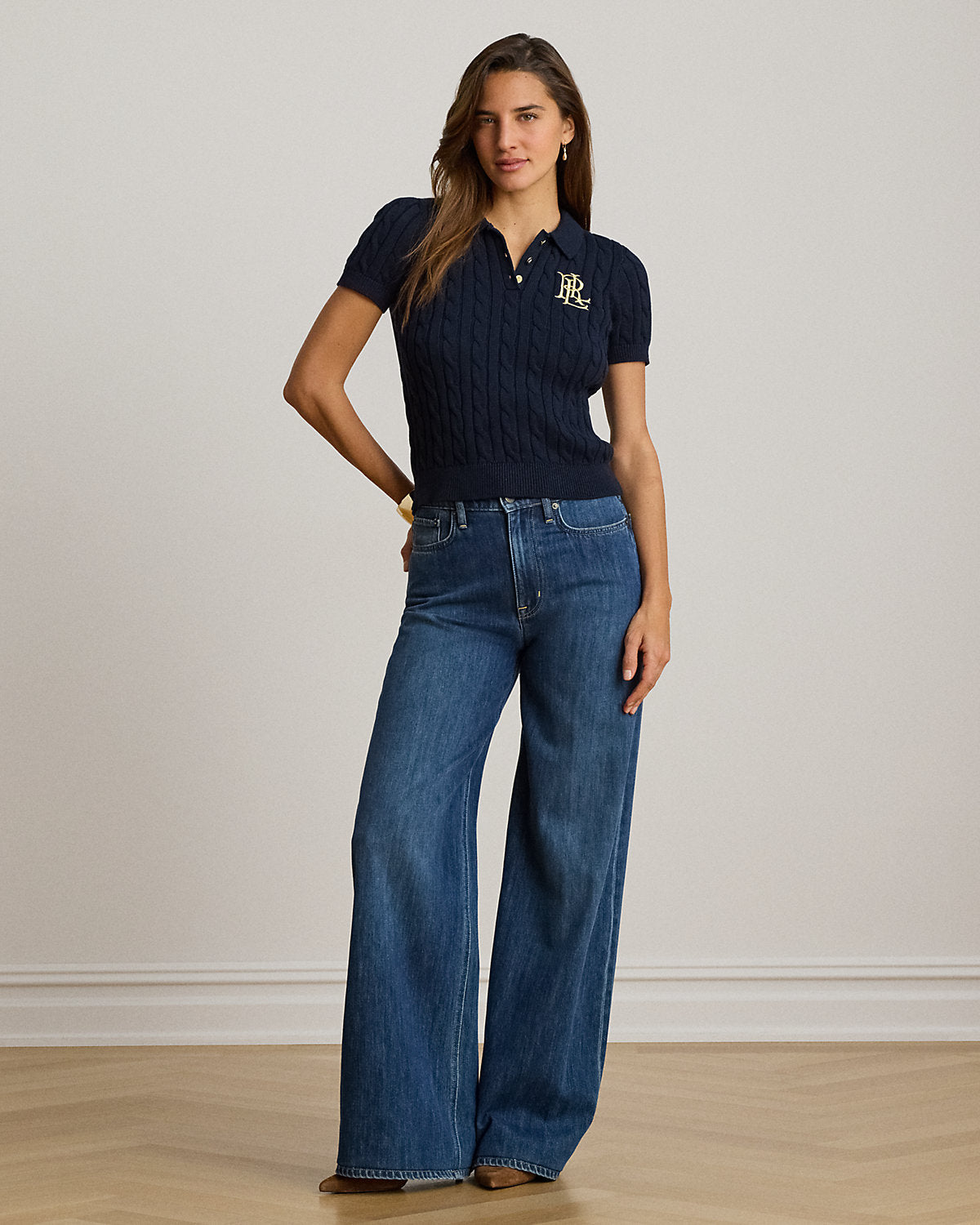 Women's Cable-Knit Cotton Polo Sweater